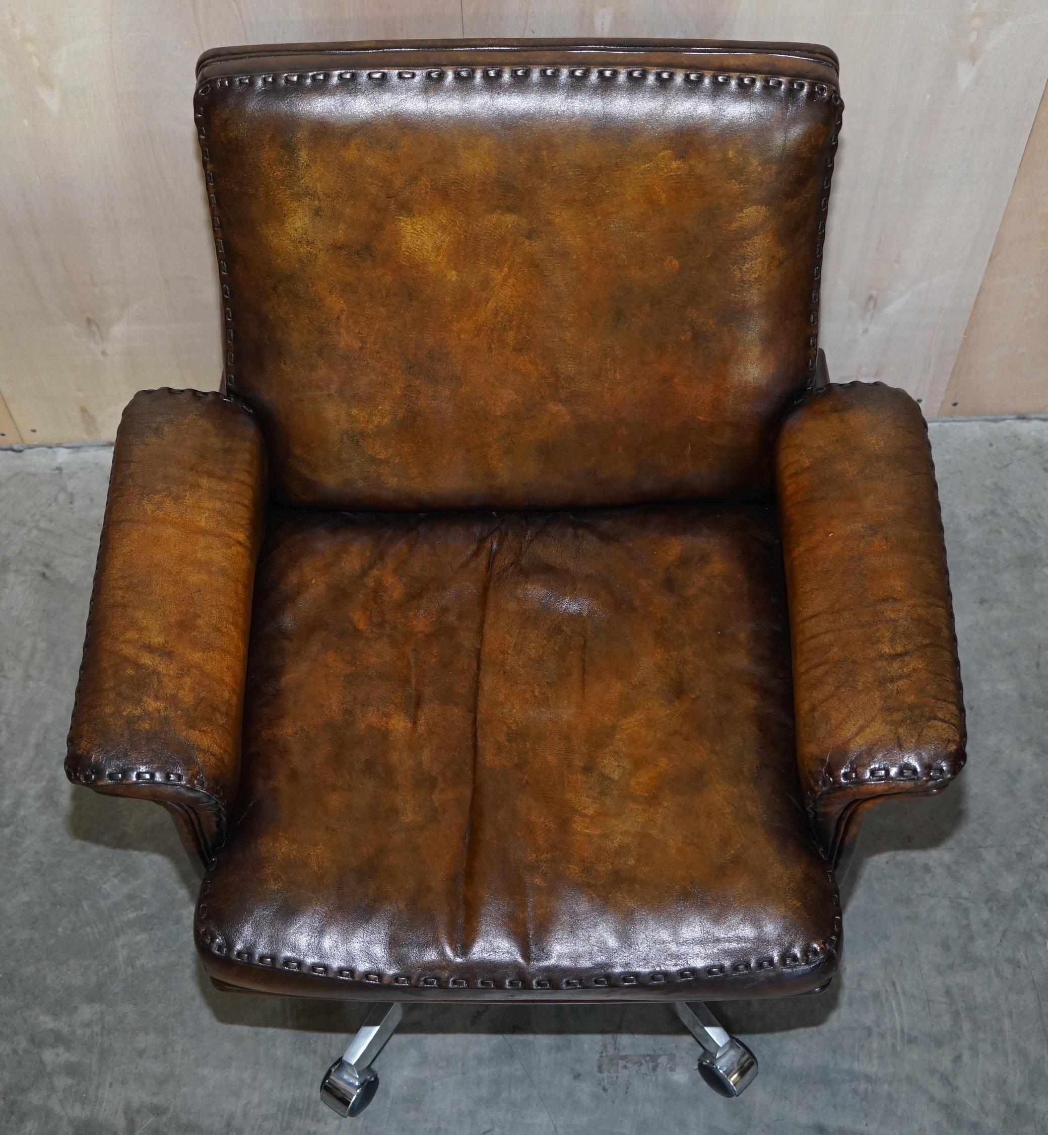 Swiss Restored circa 1960 De Sede DS-35 Brown Leather Office Captains Swivel Armchair