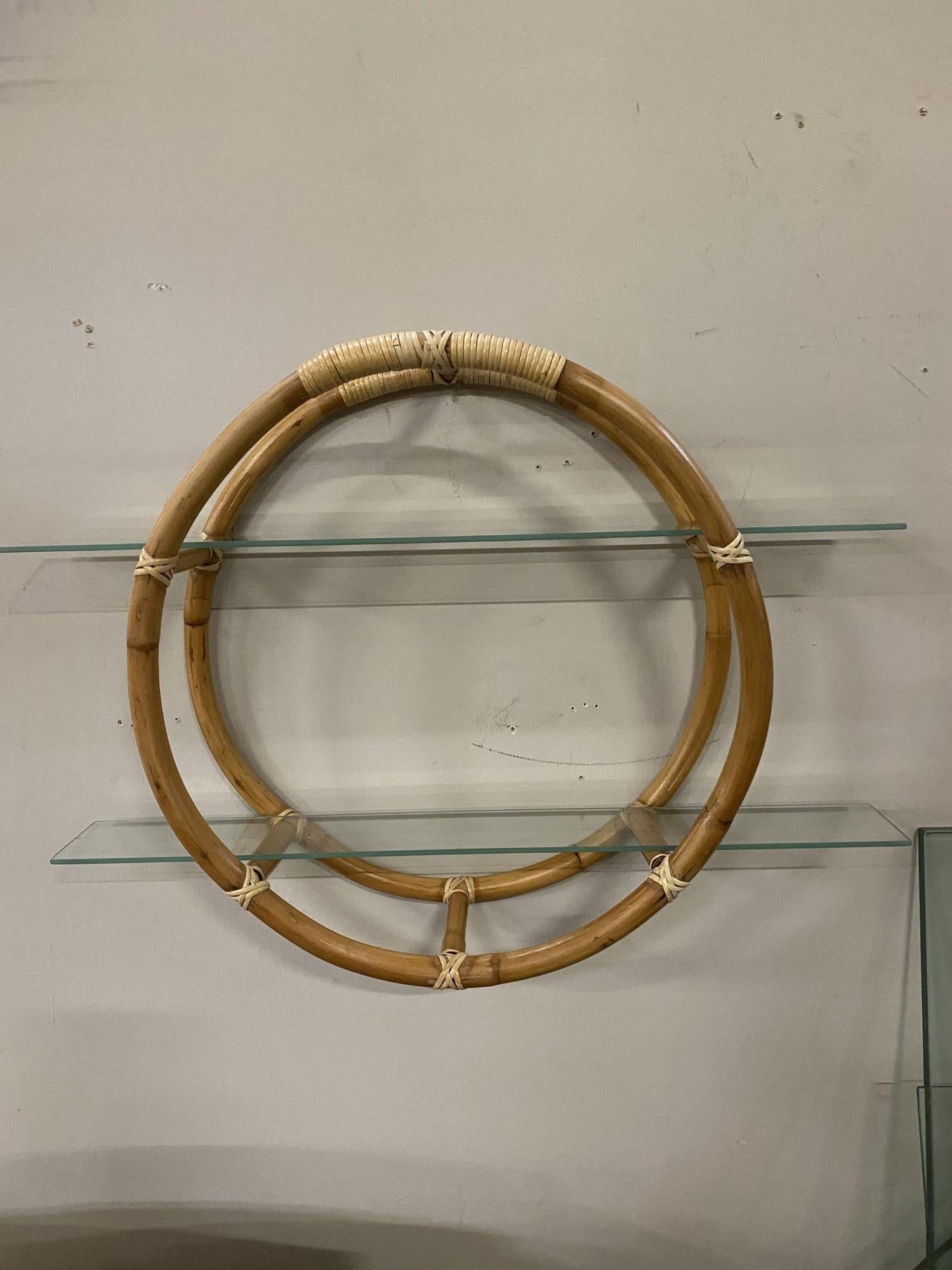 Original post-war circular rattan wall self with unique two-strand 