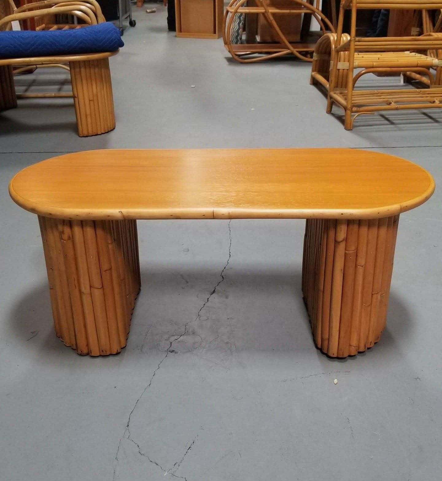 Unknown Restored Coffee Table with Vertical Stacked Rattan Half Moon Pedestal Legs For Sale
