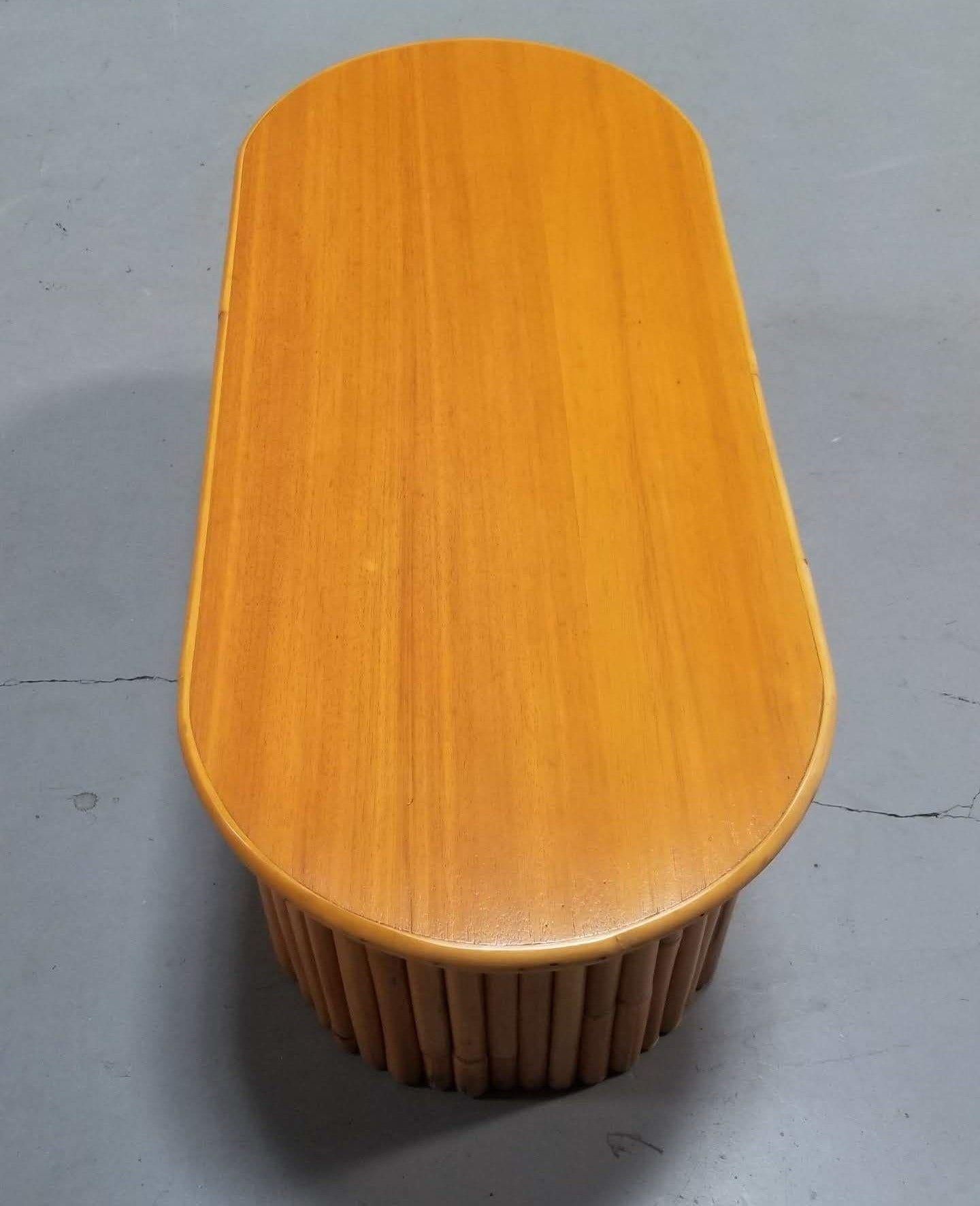 Restored Coffee Table with Vertical Stacked Rattan Half Moon Pedestal Legs In Excellent Condition For Sale In Van Nuys, CA