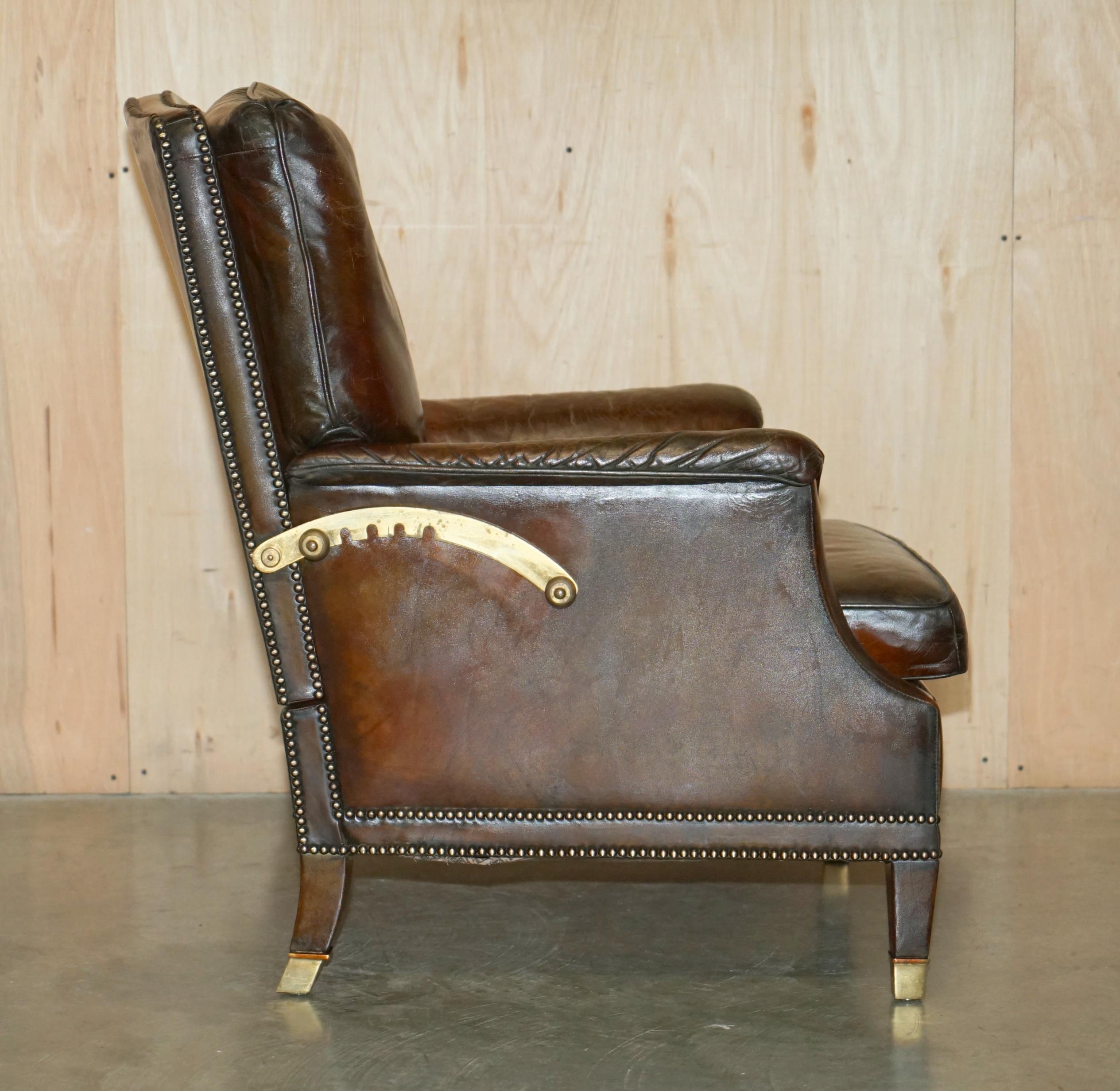 RESTORED CONTINENTAL HAND DYED BROWN LEATHER LiBRARY RECLINER ARMCHAIR & OTTOMAN For Sale 3