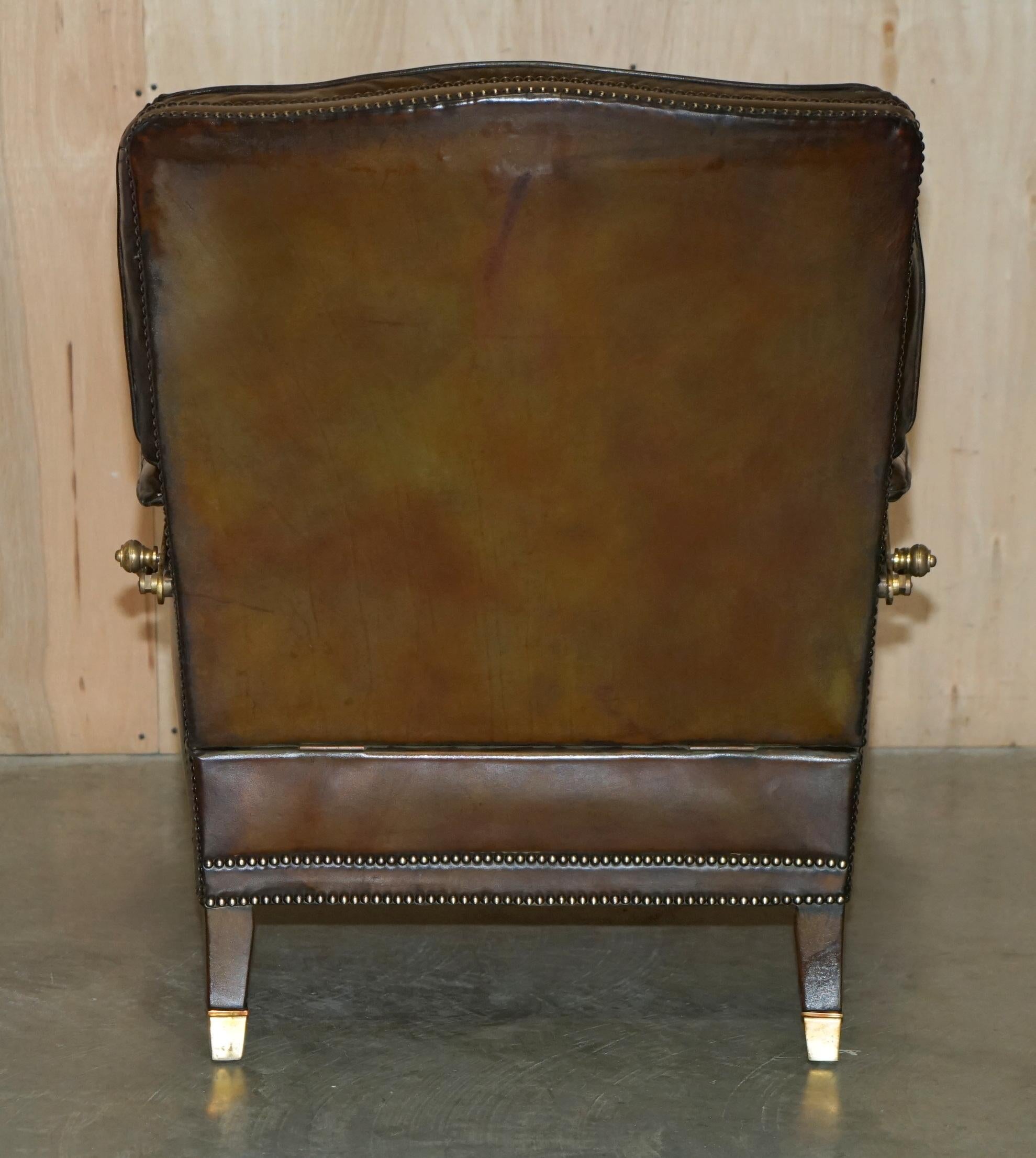 RESTORED CONTINENTAL HAND DYED BROWN LEATHER LiBRARY RECLINER ARMCHAIR & OTTOMAN For Sale 5