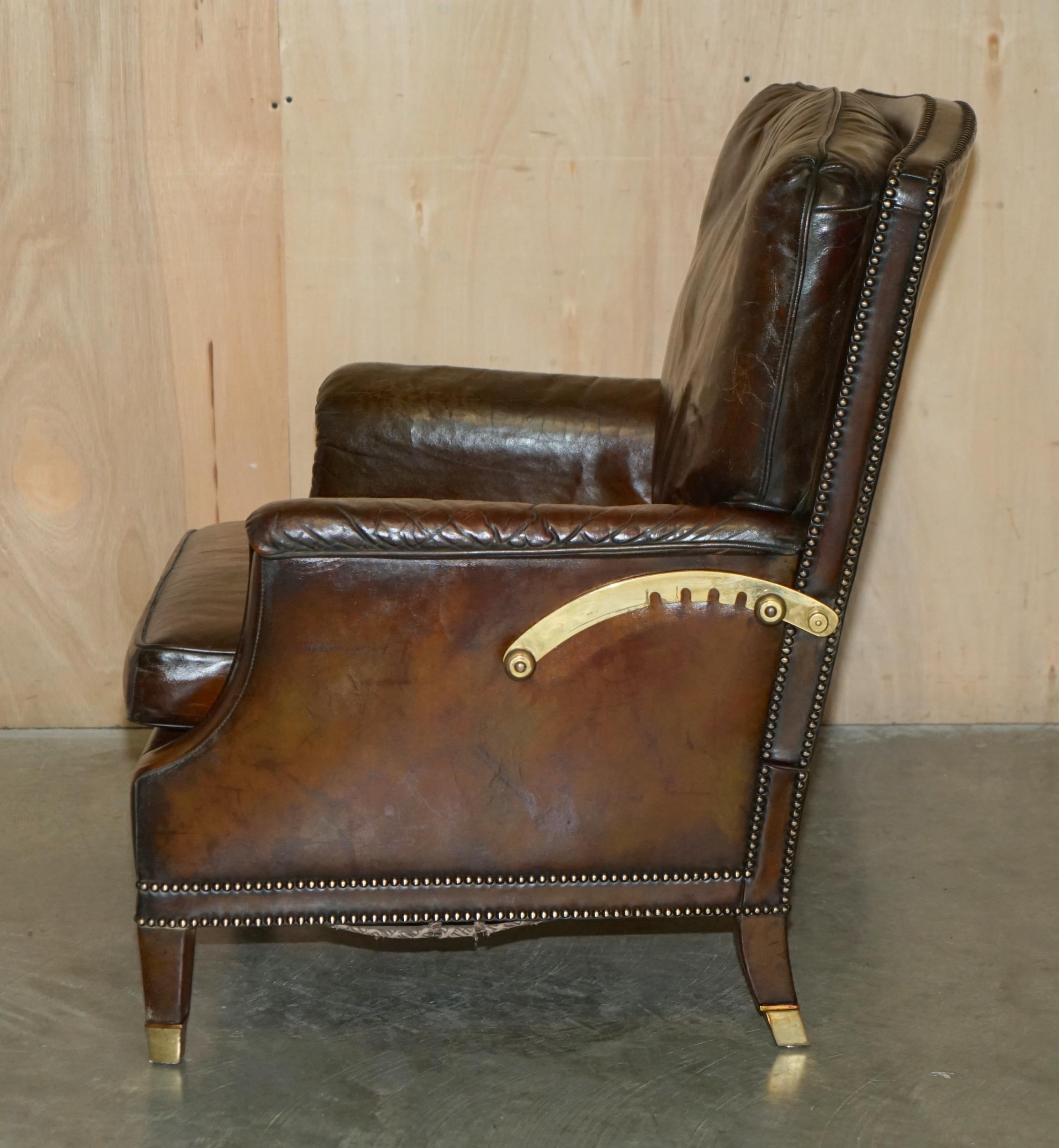 RESTORED CONTINENTAL HAND DYED BROWN LEATHER LiBRARY RECLINER ARMCHAIR & OTTOMAN For Sale 6