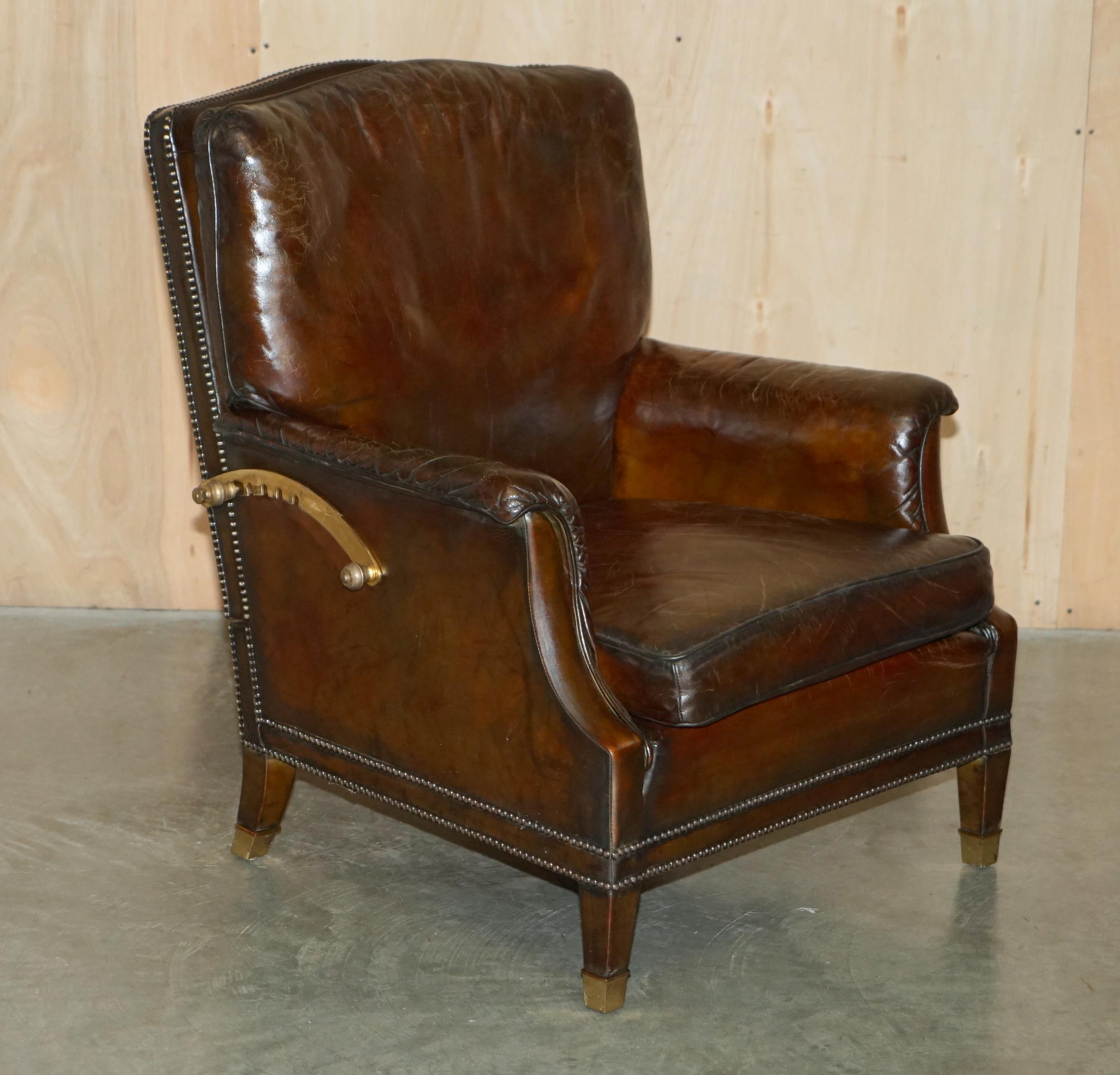 RESTORED CONTINENTAL HAND DYED BROWN LEATHER LiBRARY RECLINER ARMCHAIR & OTTOMAN For Sale 8