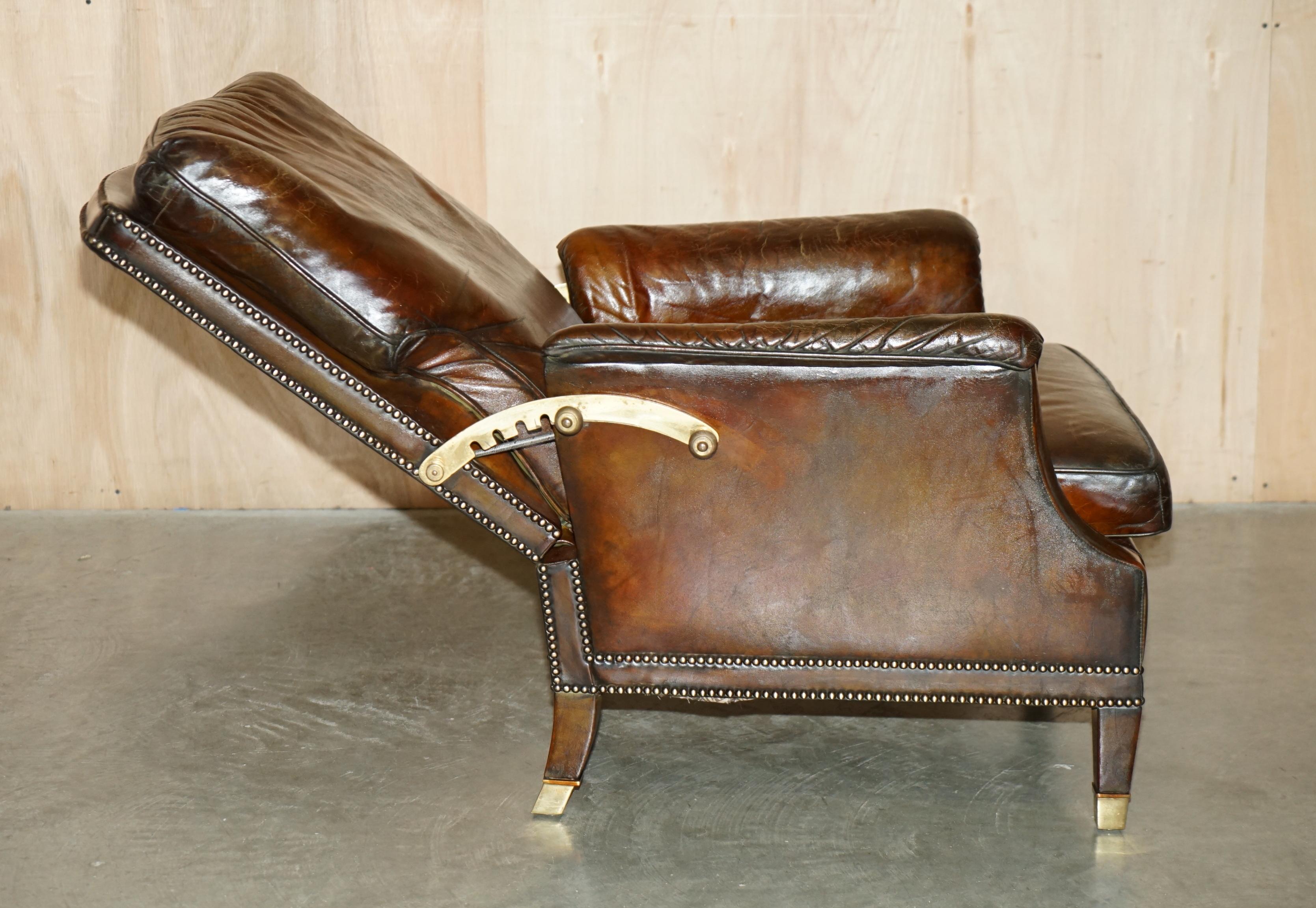 RESTORED CONTINENTAL HAND DYED BROWN LEATHER LiBRARY RECLINER ARMCHAIR & OTTOMAN 9