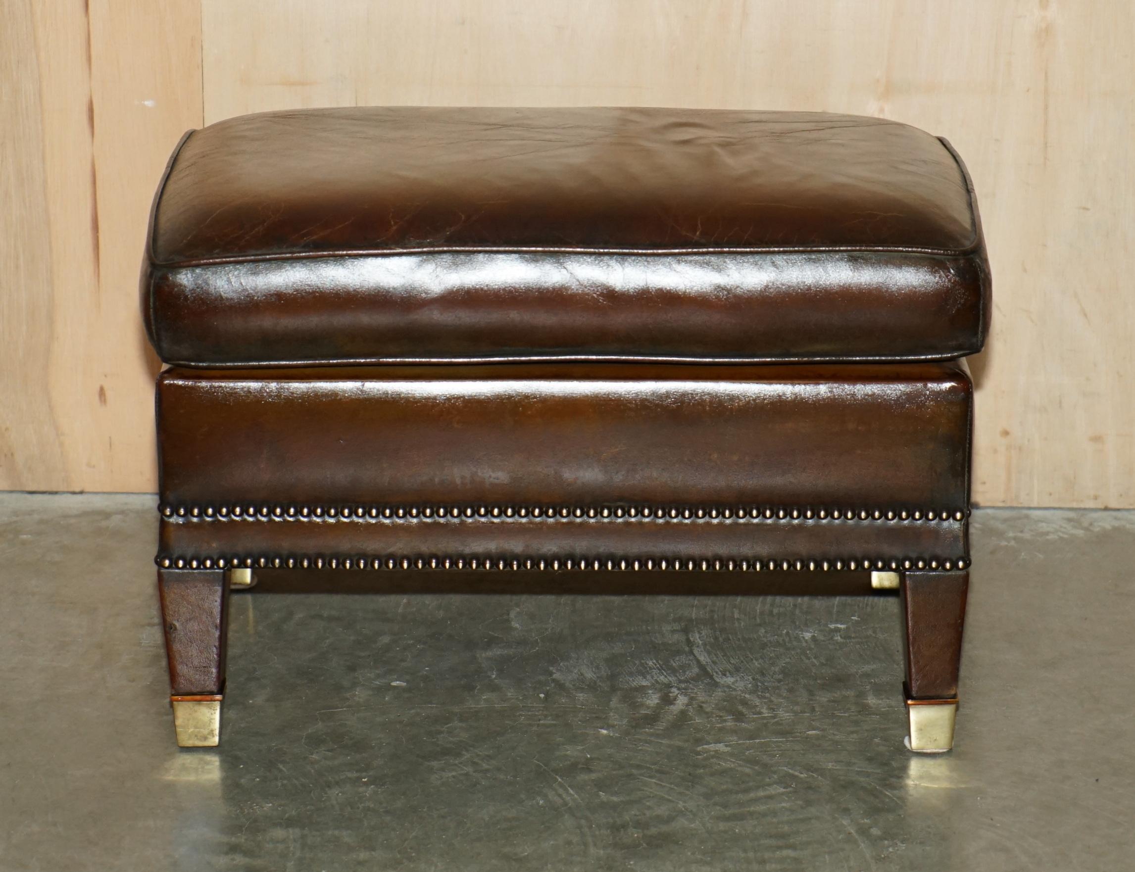 RESTORED CONTINENTAL HAND DYED BROWN LEATHER LiBRARY RECLINER ARMCHAIR & OTTOMAN For Sale 12