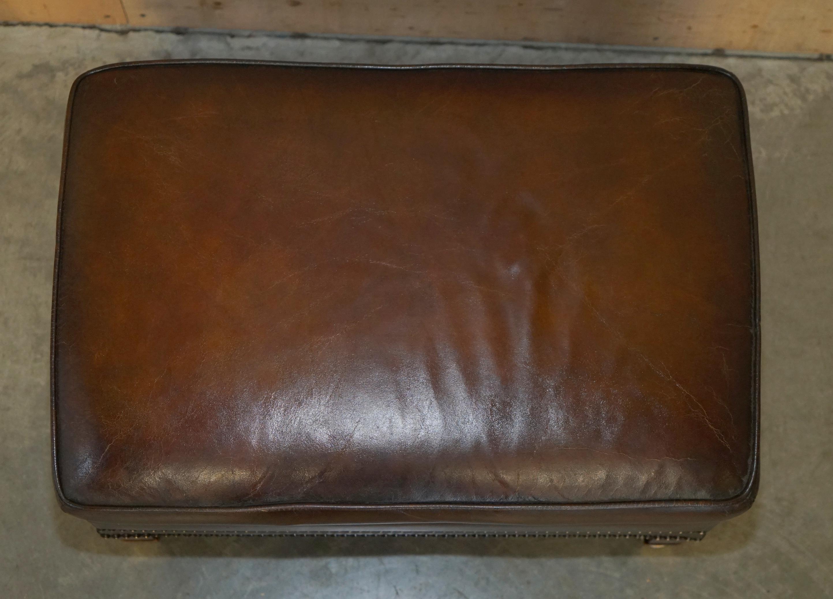RESTORED CONTINENTAL HAND DYED BROWN LEATHER LiBRARY RECLINER ARMCHAIR & OTTOMAN For Sale 13