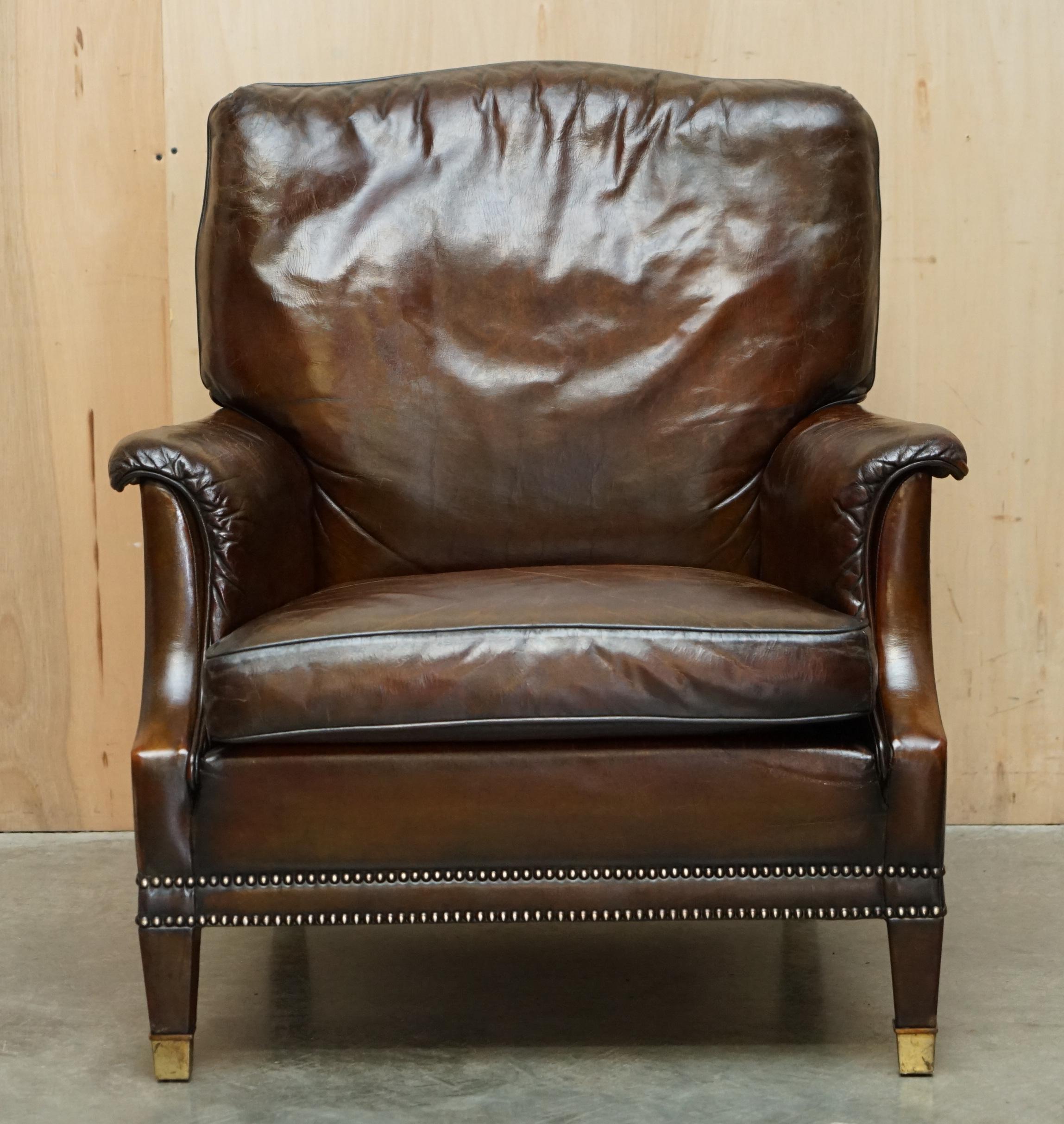 Mid-Century Modern RESTORED CONTINENTAL HAND DYED BROWN LEATHER LiBRARY RECLINER ARMCHAIR & OTTOMAN