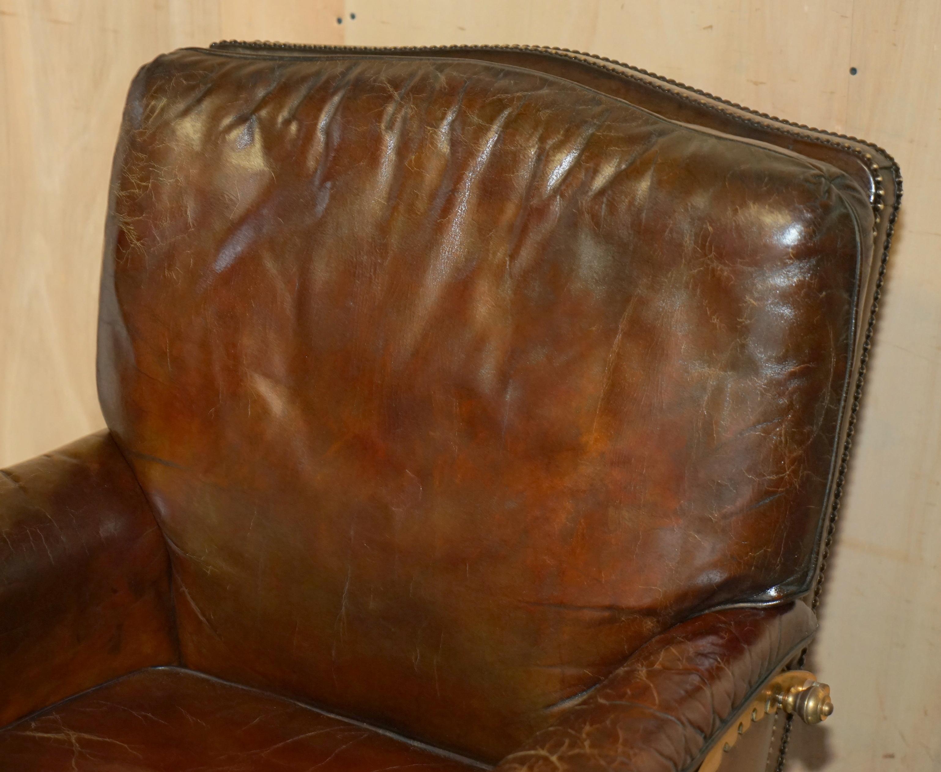 German RESTORED CONTINENTAL HAND DYED BROWN LEATHER LiBRARY RECLINER ARMCHAIR & OTTOMAN For Sale