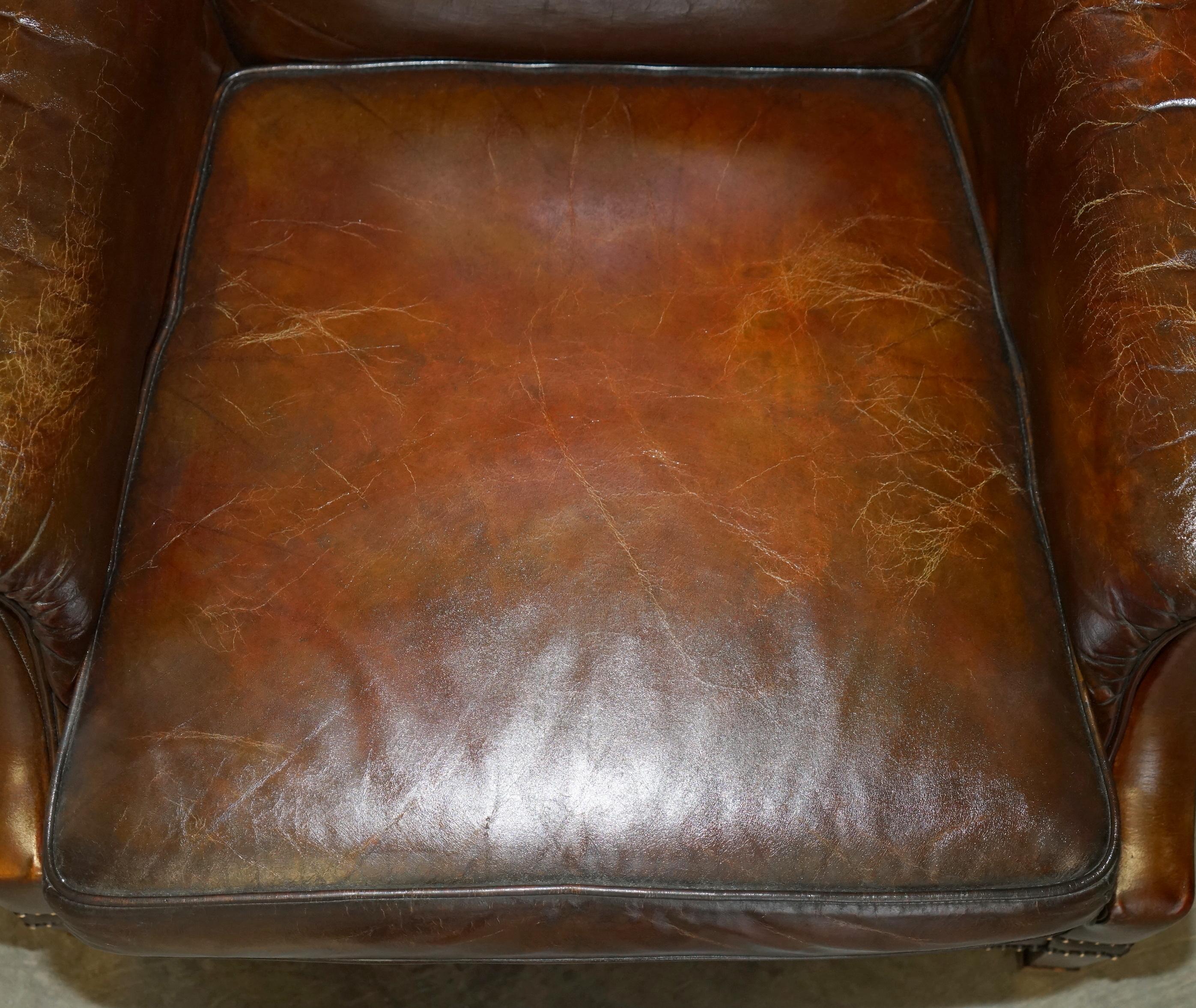 20th Century RESTORED CONTINENTAL HAND DYED BROWN LEATHER LiBRARY RECLINER ARMCHAIR & OTTOMAN For Sale