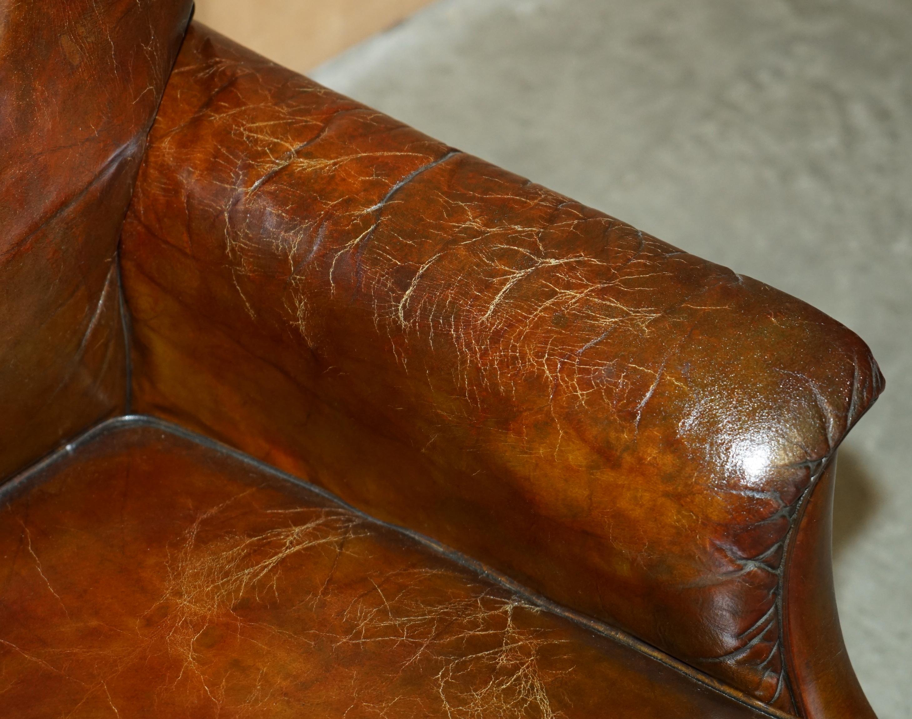 Brass RESTORED CONTINENTAL HAND DYED BROWN LEATHER LiBRARY RECLINER ARMCHAIR & OTTOMAN For Sale