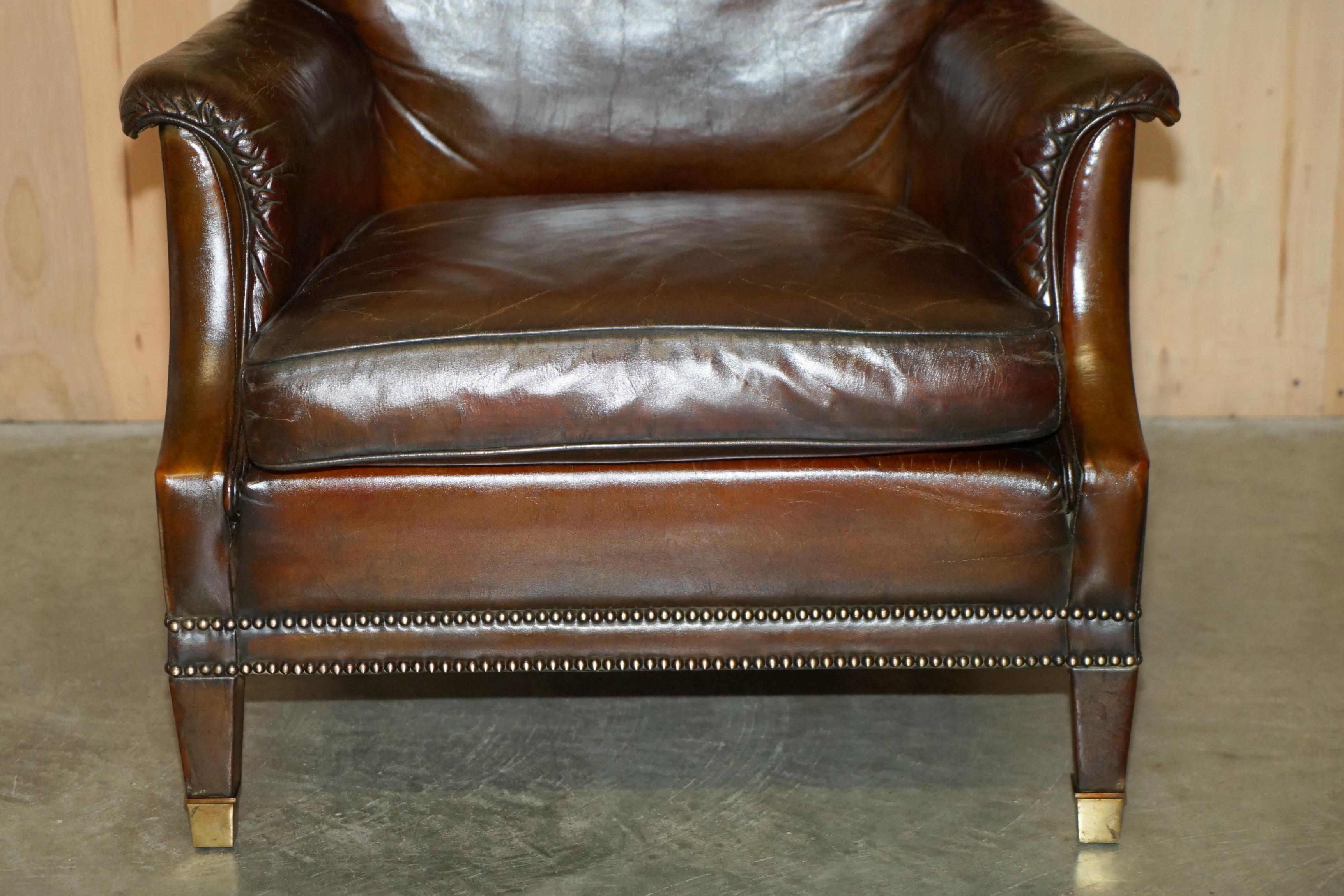 RESTORED CONTINENTAL HAND DYED BROWN LEATHER LiBRARY RECLINER ARMCHAIR & OTTOMAN For Sale 1