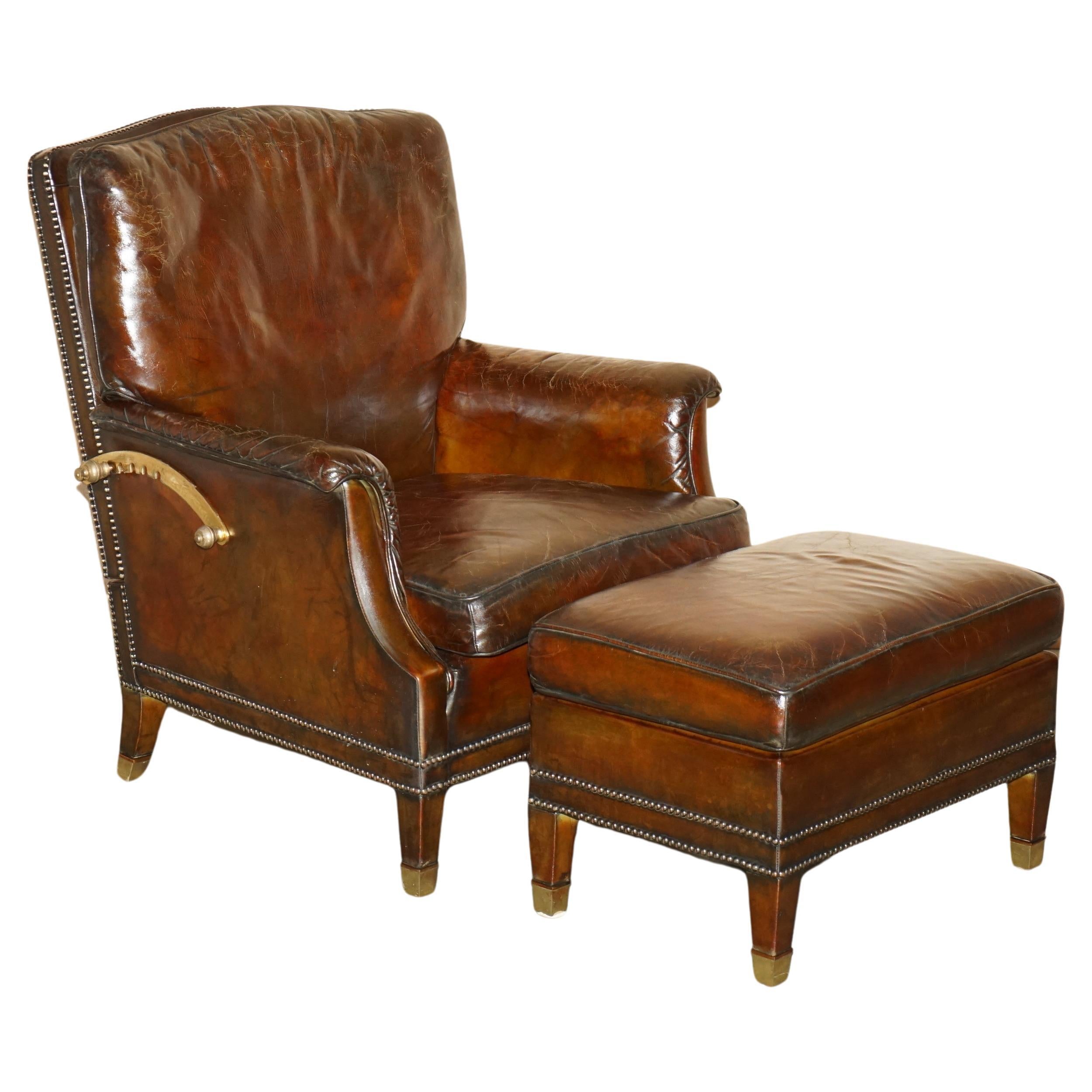 RESTORED CONTINENTAL HAND DYED BROWN LEATHER LiBRARY RECLINER ARMCHAIR & OTTOMAN For Sale