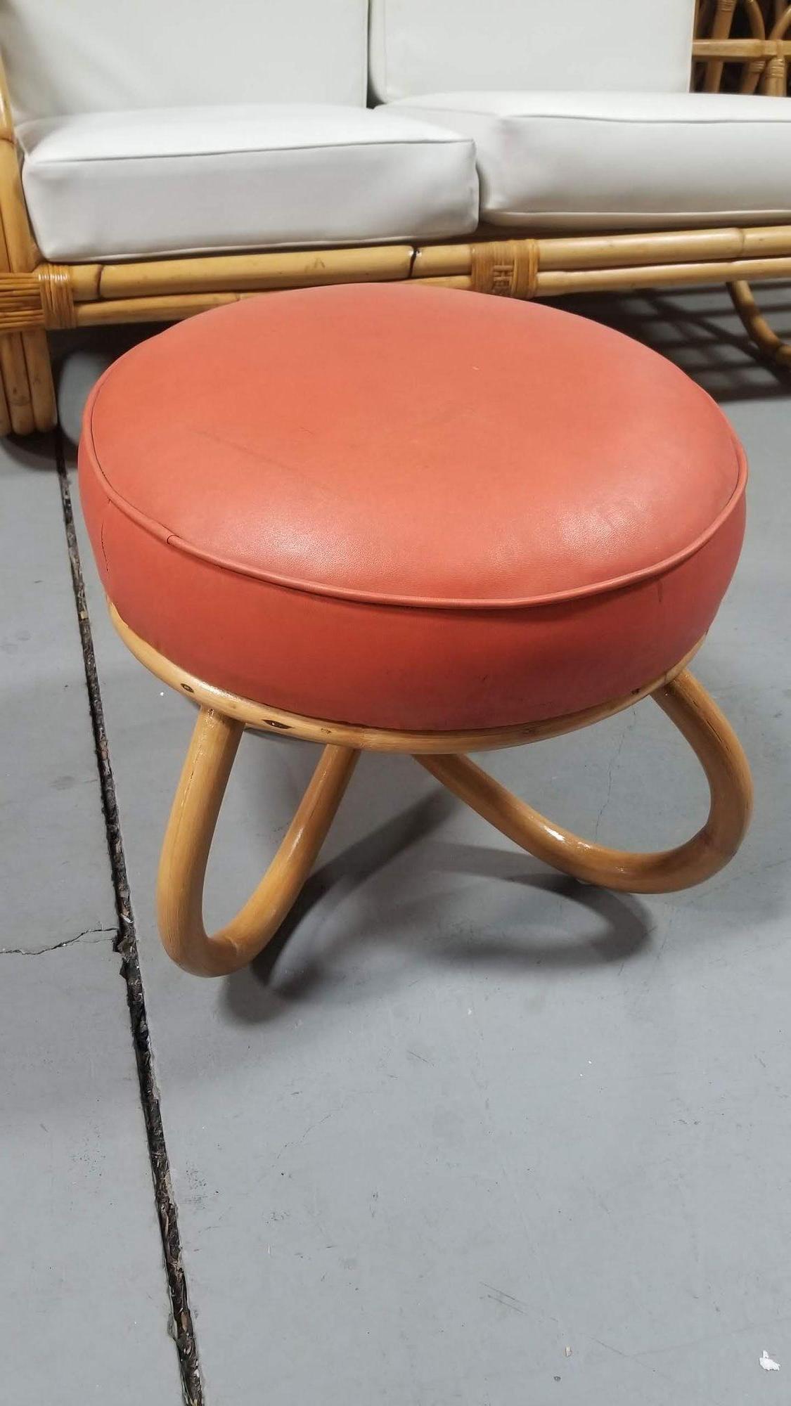 Restored Coral Orange Naugahyde Footstool In Excellent Condition For Sale In Van Nuys, CA