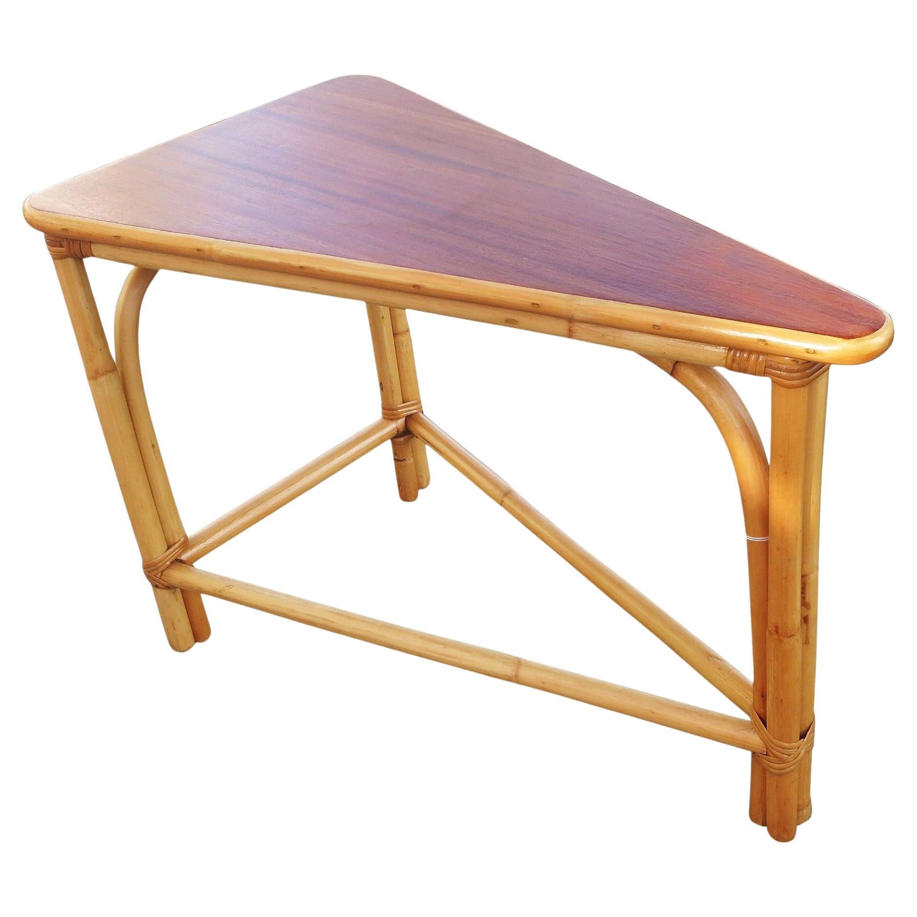 Restored Corner Rattan Wedge Side Table w/ Laminate Tabletop