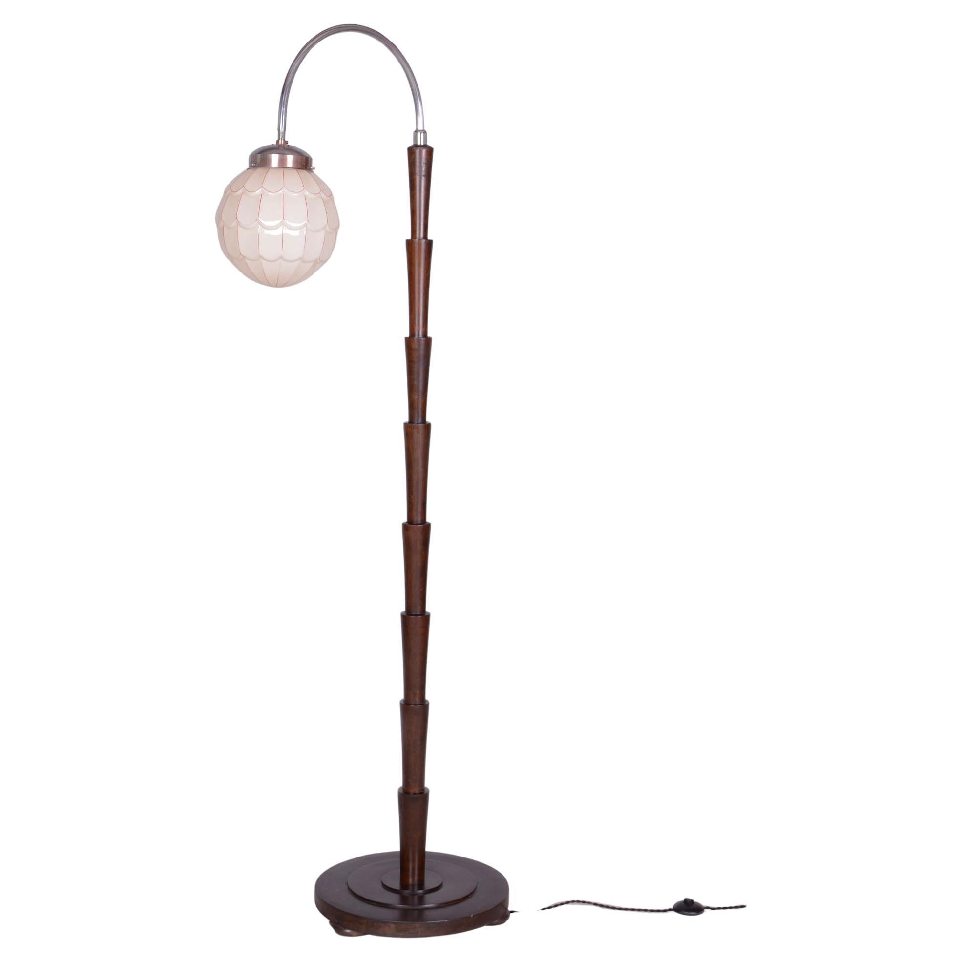 Restored Cubism Floor Lamp, Beech, Chrome, Milk Glass, Rewired, Czech, 1920s