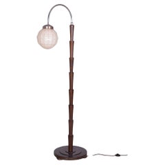 Restored Cubism Floor Lamp, Beech, Chrome, Milk Glass, Rewired, Czech, 1920s