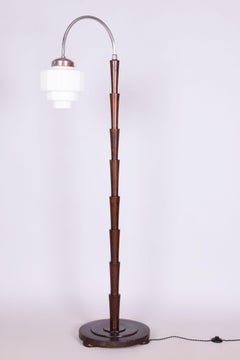 Restored Cubism Floor Lamp, Beech, Chrome-Plated Steel, Glass, Czech, 1920s
