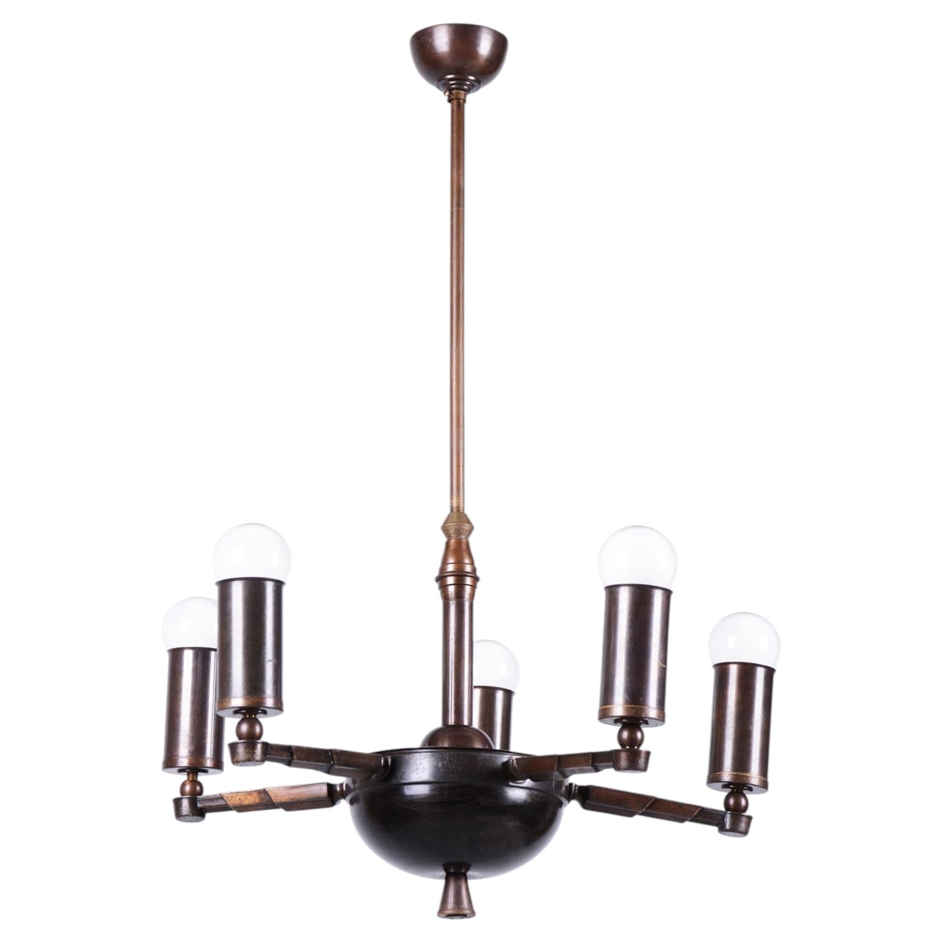 Restored Cubist Chandelier, Patinated Brass, Bronze, Czech, 1910s For Sale