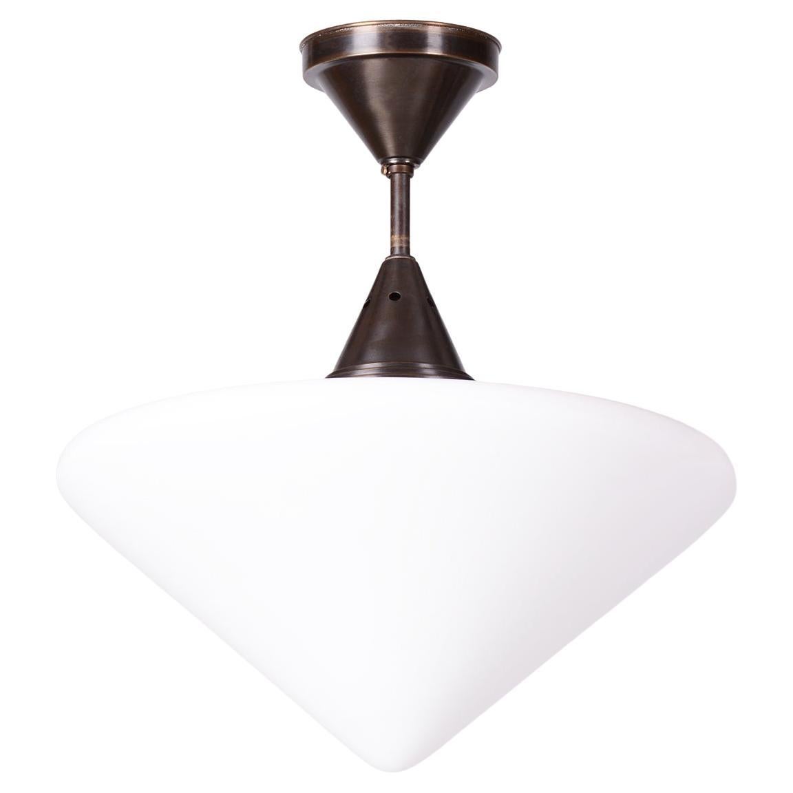 Restored Cubistic Ceiling Lamp, Brass, Opaline Glass, Czech, 1920s For Sale