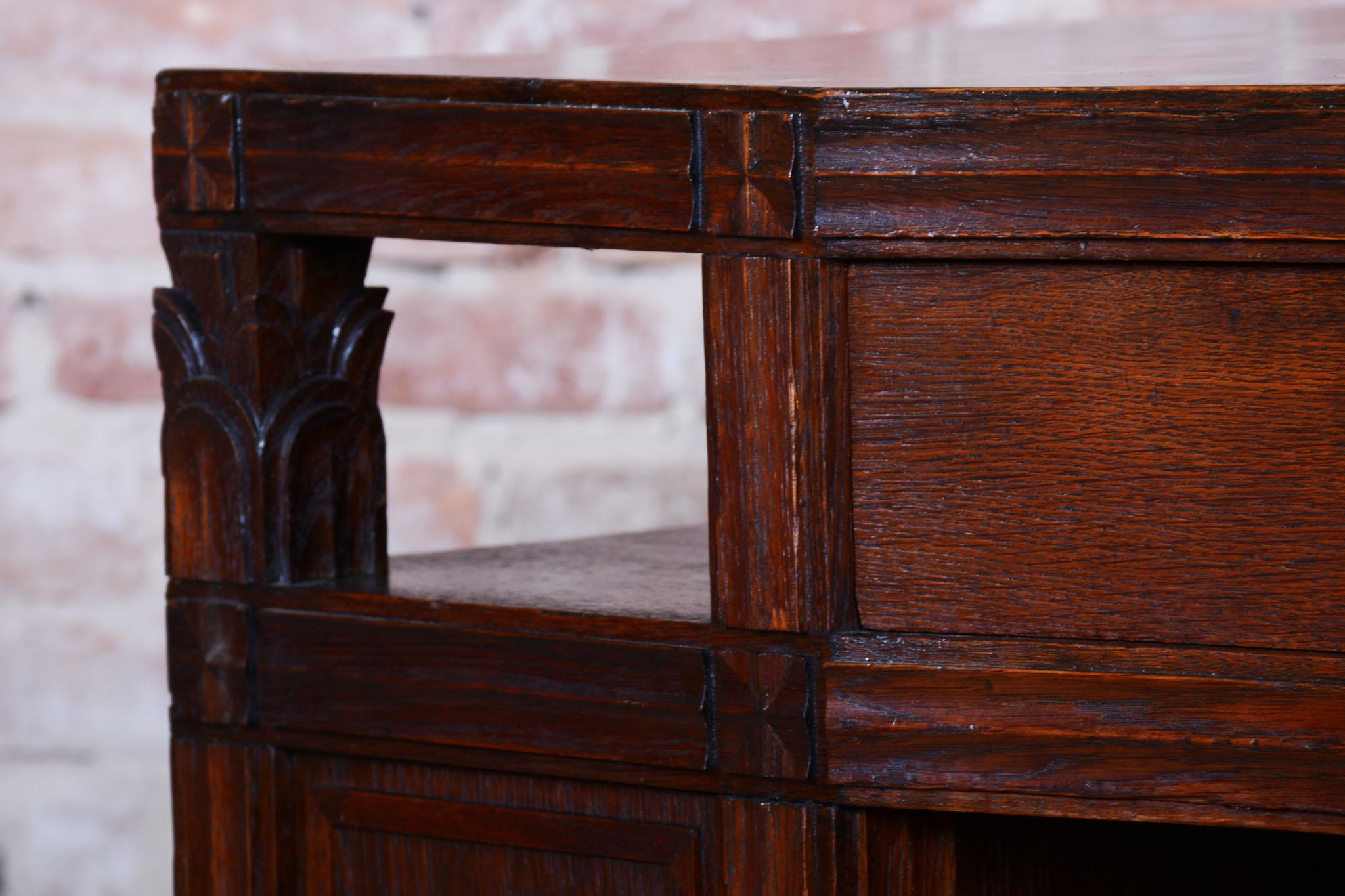 Art Deco Restored Cubistic Writing Desk, Oak, Walnut, Revived Polish, Czech, 1910s For Sale