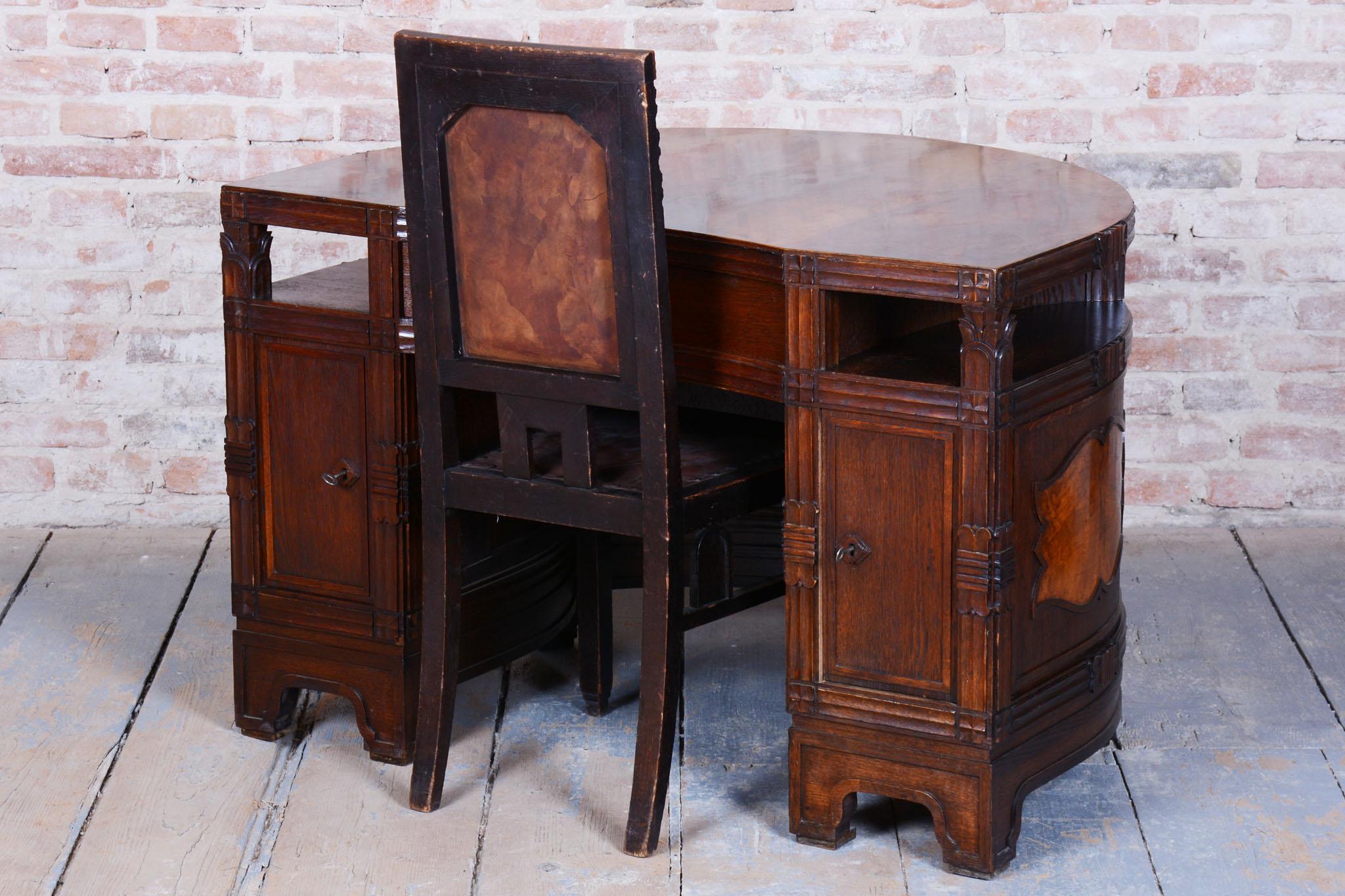 Wood Restored Cubistic Writing Desk, Oak, Walnut, Revived Polish, Czech, 1910s For Sale