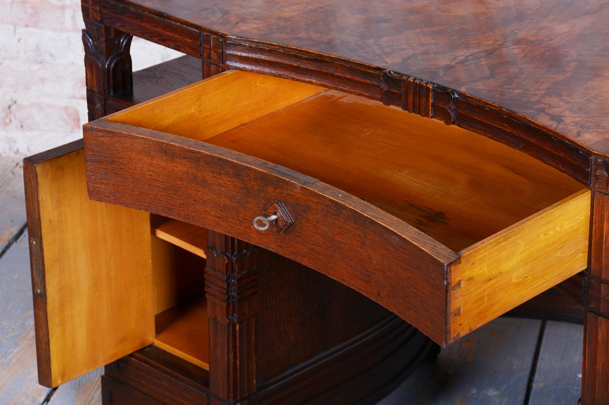 Restored Cubistic Writing Desk, Oak, Walnut, Revived Polish, Czech, 1910s For Sale 3