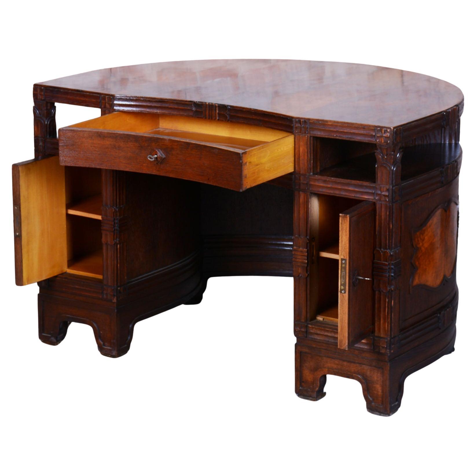 Restored Cubistic Writing Desk, Oak, Walnut, Revived Polish, Czech, 1910s For Sale