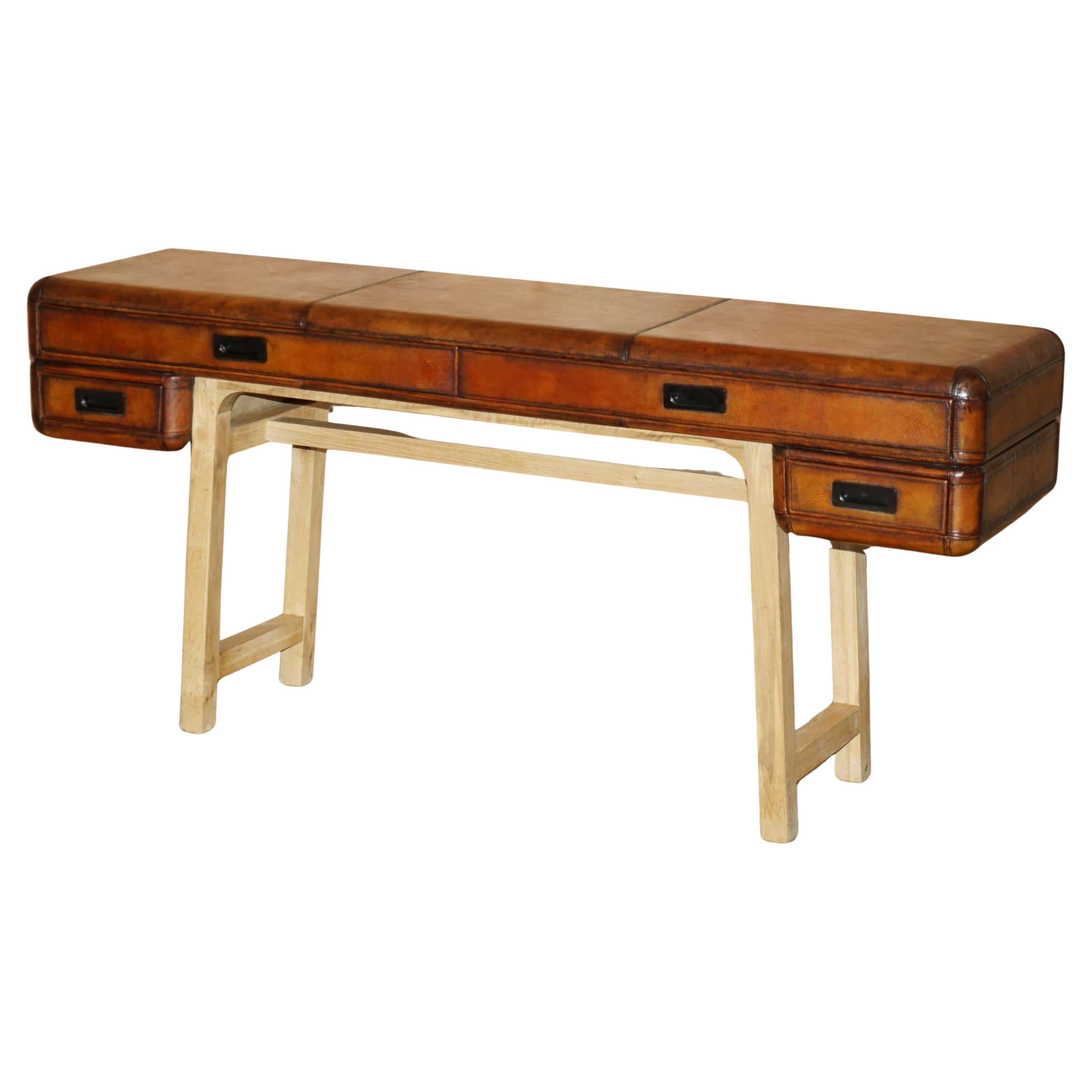 RESTORED CUSTOM HAND DYED CIGAR BROWN LEATHER LARGE SiDEBOARD CONSOLE TABLE