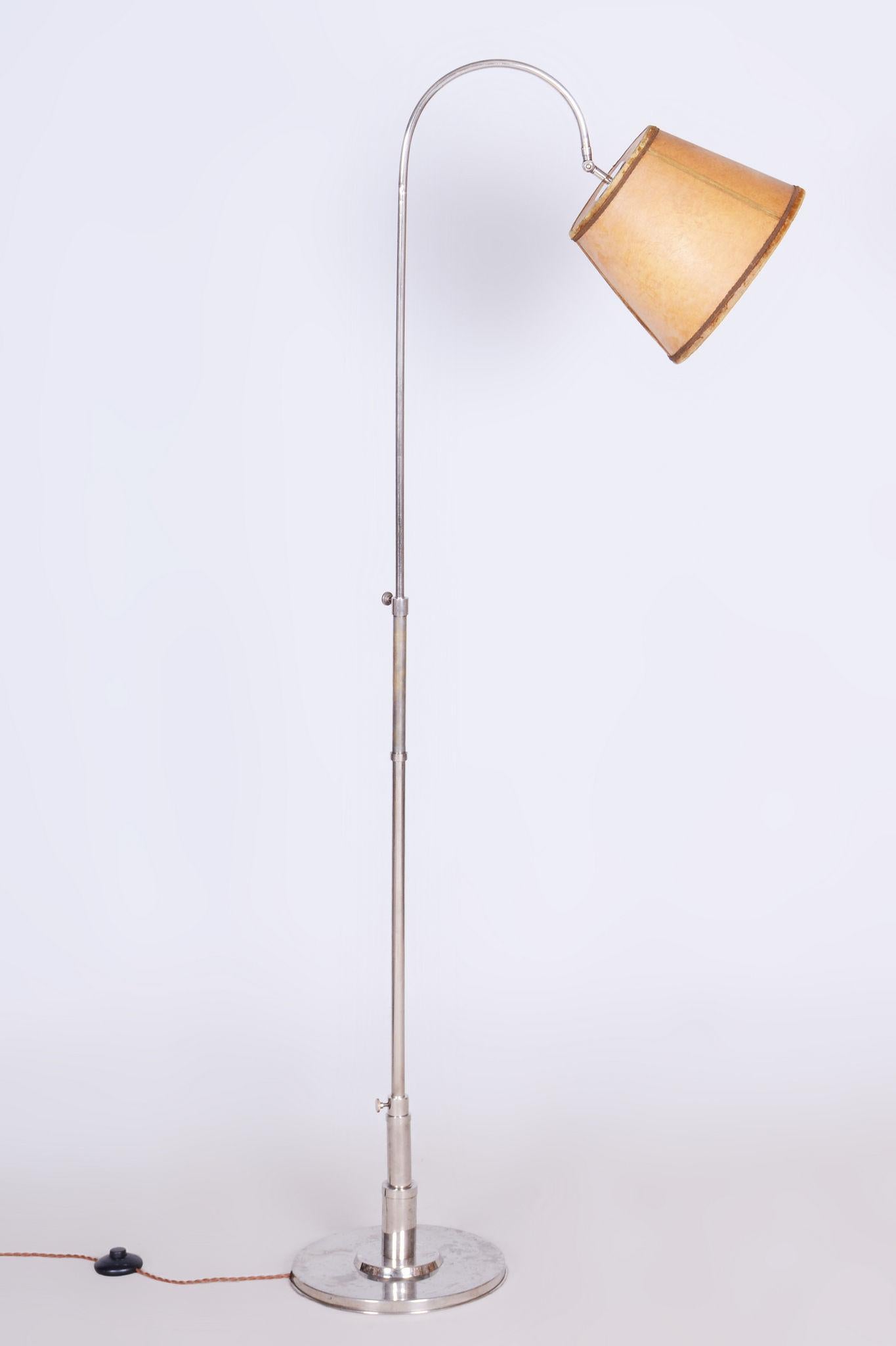 20th Century Restored Czech Bauhaus Floor Lamp, Nickel-Plated Steel, Parchment Shade, 1920s For Sale