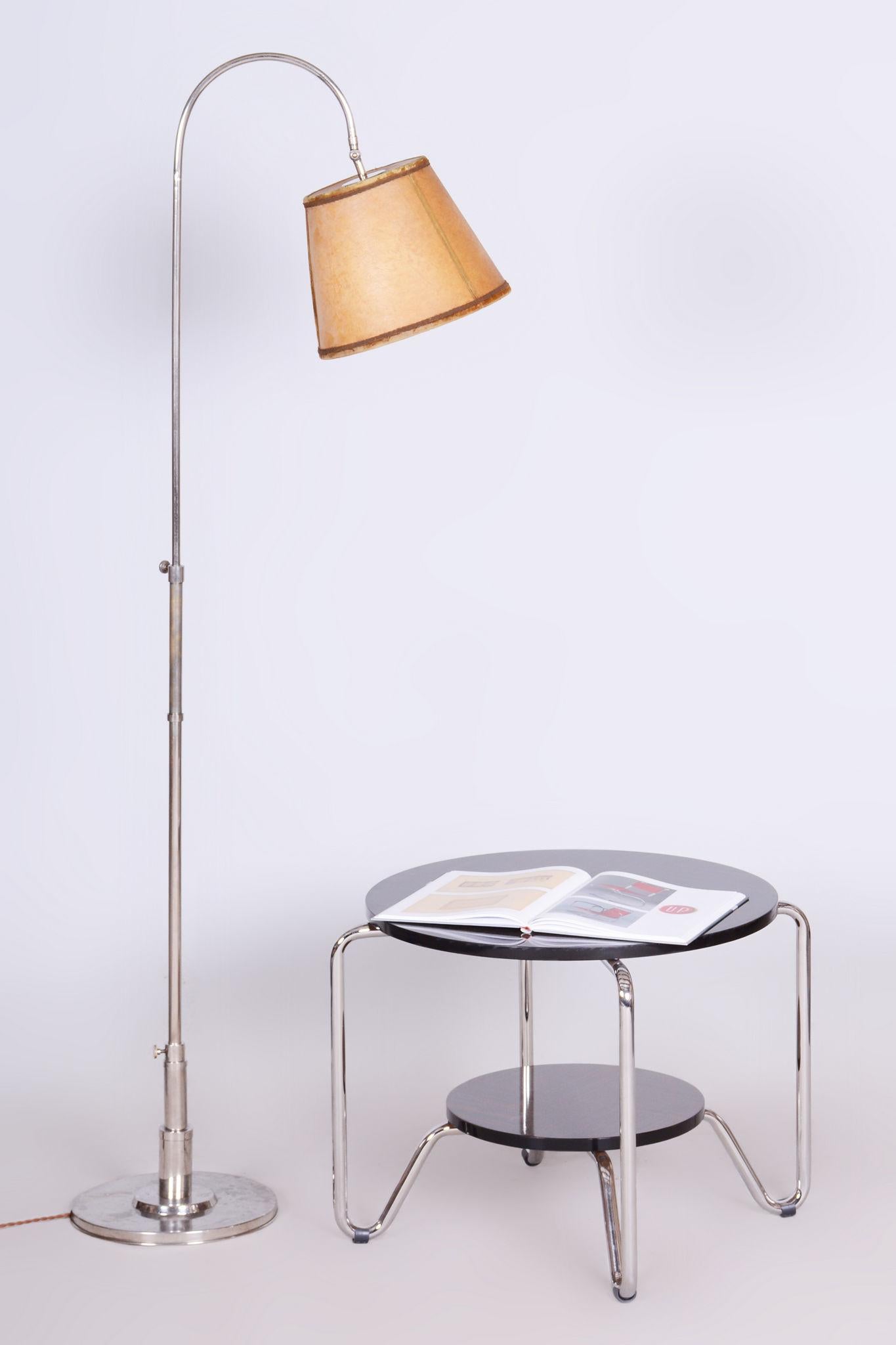 Restored Czech Bauhaus Floor Lamp, Nickel-Plated Steel, Parchment Shade, 1920s For Sale 2