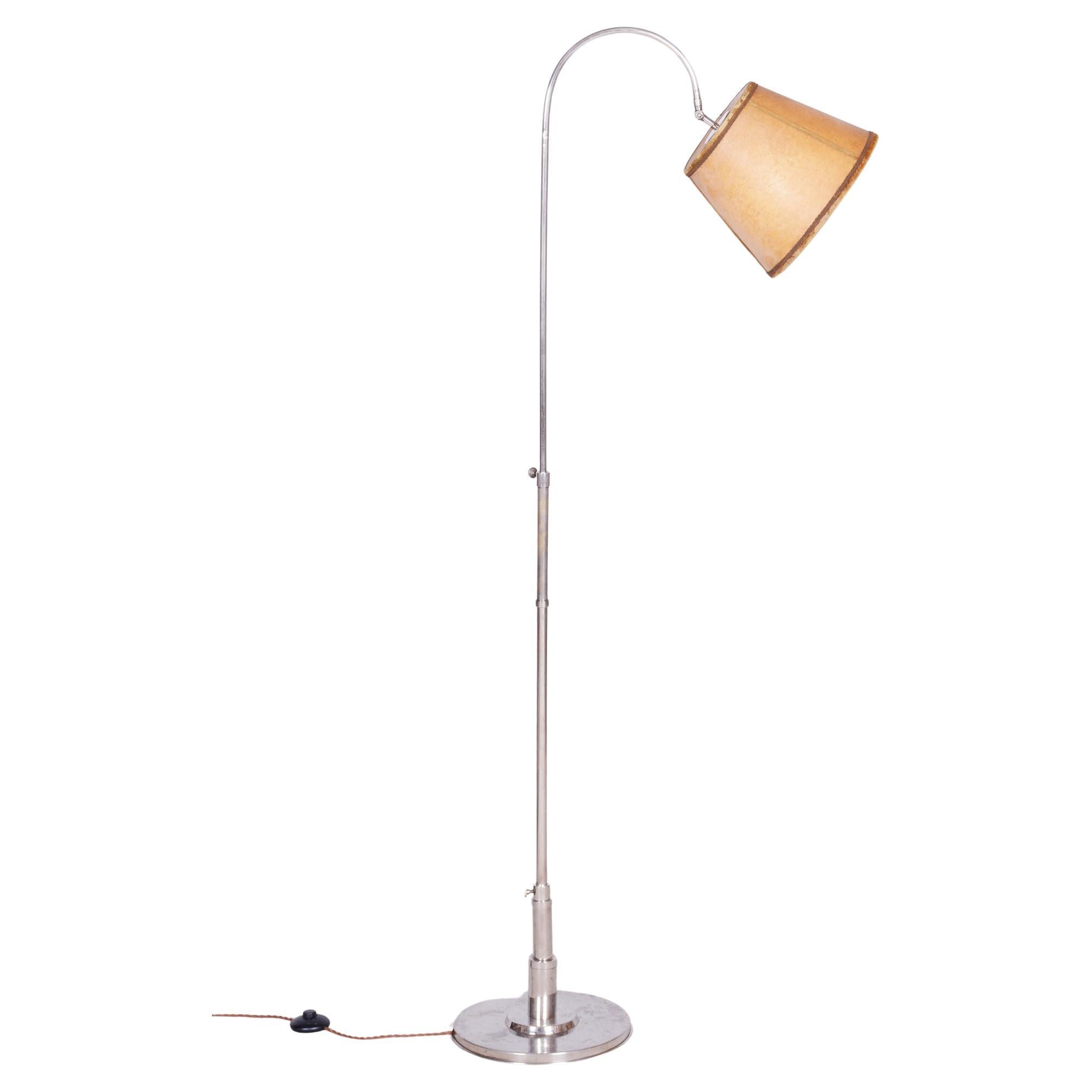 Restored Czech Bauhaus Floor Lamp, Nickel-Plated Steel, Parchment Shade, 1920s For Sale