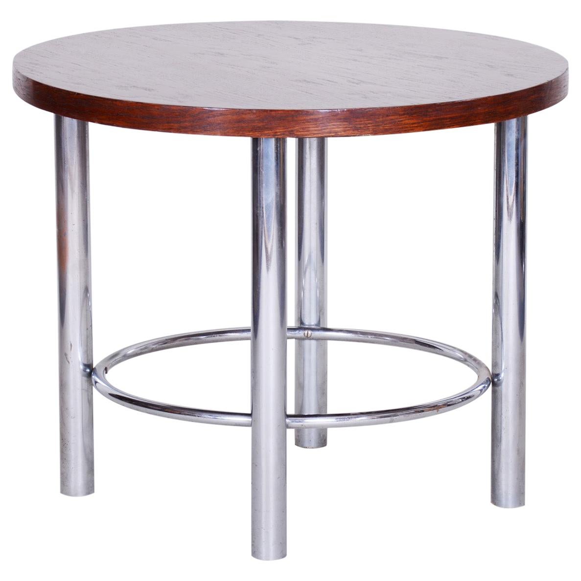 Restored Czech Round Oak Bauhaus Table by Mücke & Melder, Chrome, 1930s