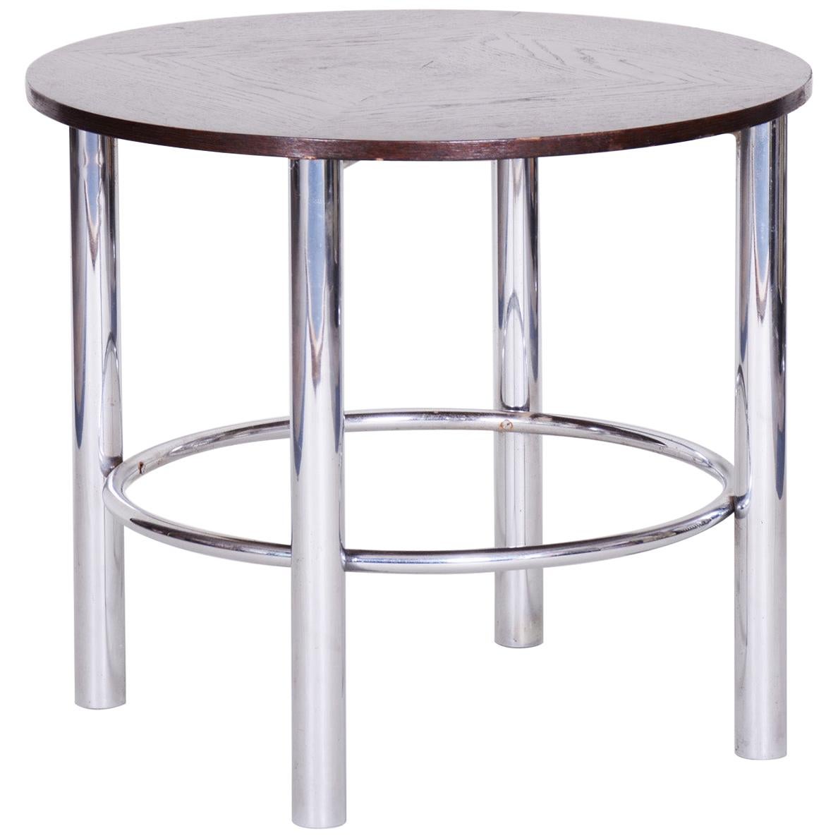 Restored Czech Round Oak Bauhaus Table by Mücke & Melder, Chrome, 1930s For Sale