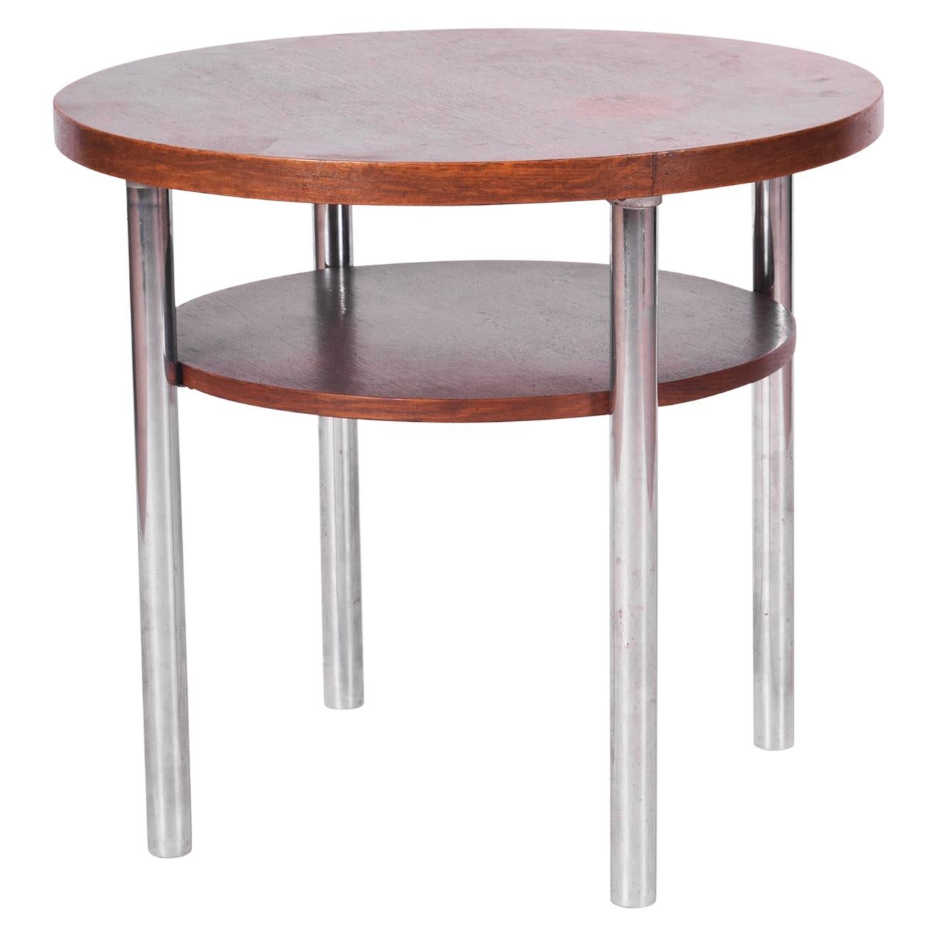 Restored Czech Round Oak Bauhaus Table by Mücke & Melder, Chrome, 1930s For Sale