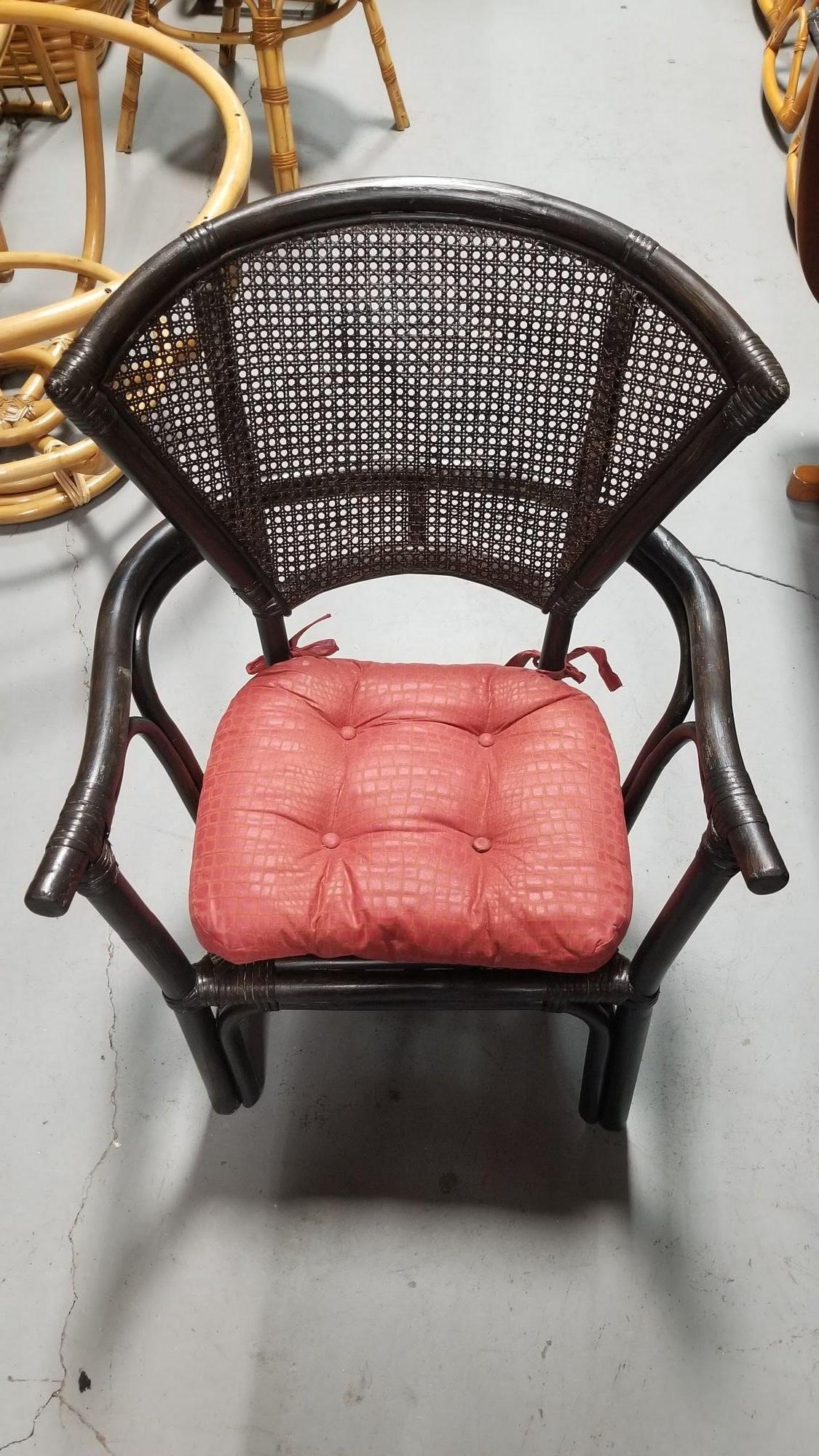 Mid-20th Century Restored Dark Wood Rattan Cane Fan Back Armchair For Sale