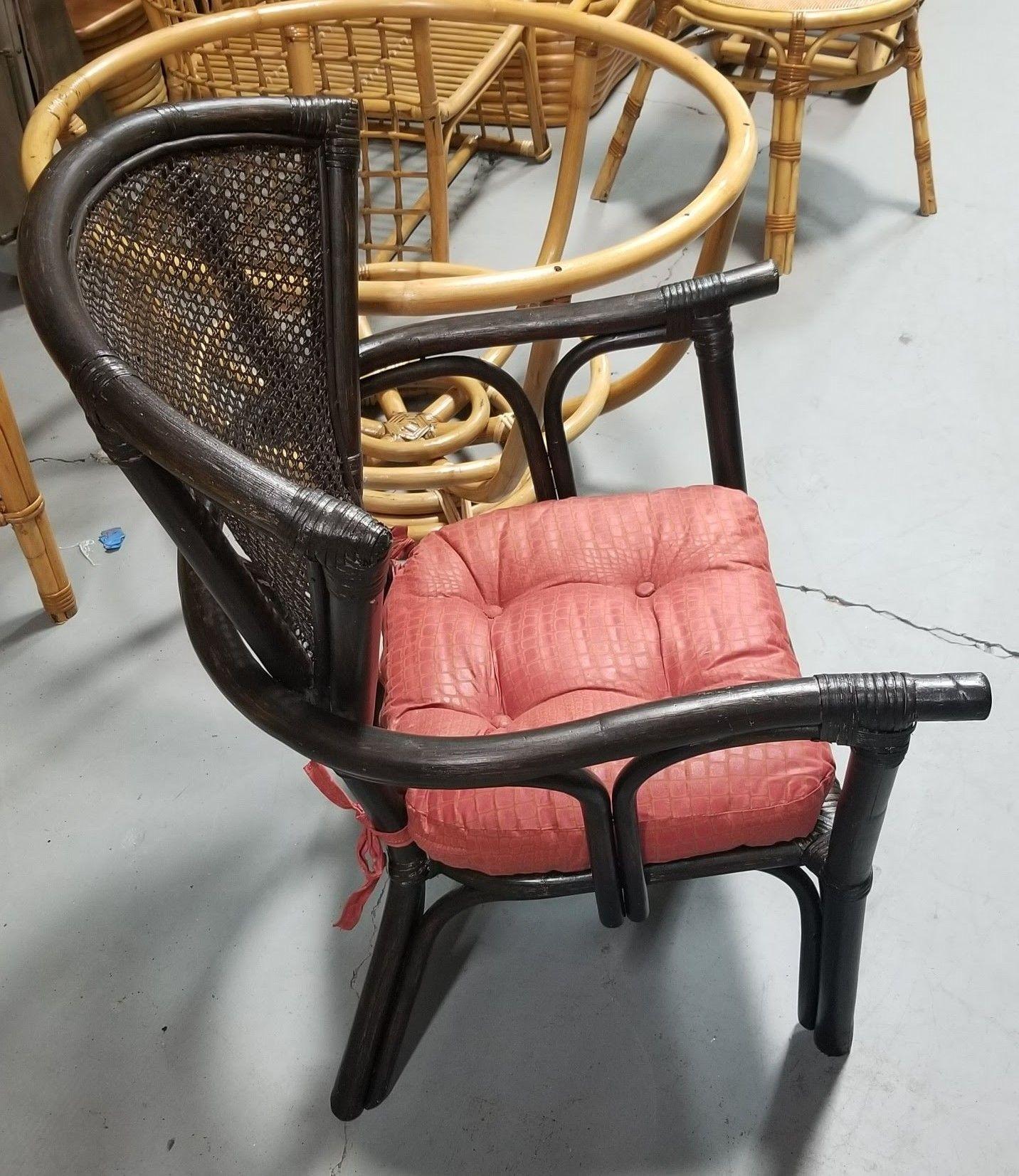 Fabric Restored Dark Wood Rattan Cane Fan Back Armchair For Sale