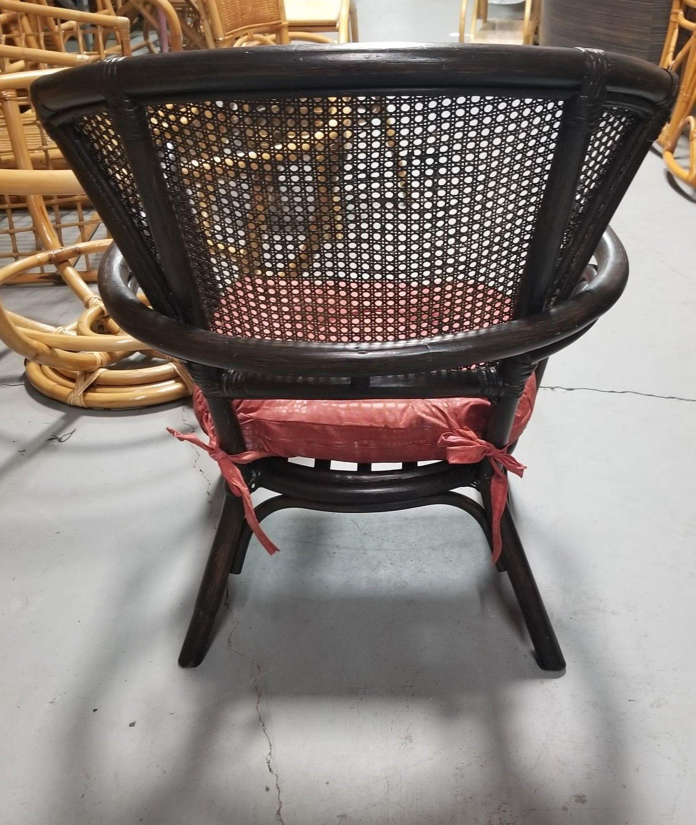 Restored Dark Wood Rattan Cane Fan Back Armchair For Sale 1