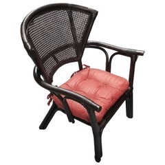 Restored Dark Wood Rattan Cane Fan Back Armchair