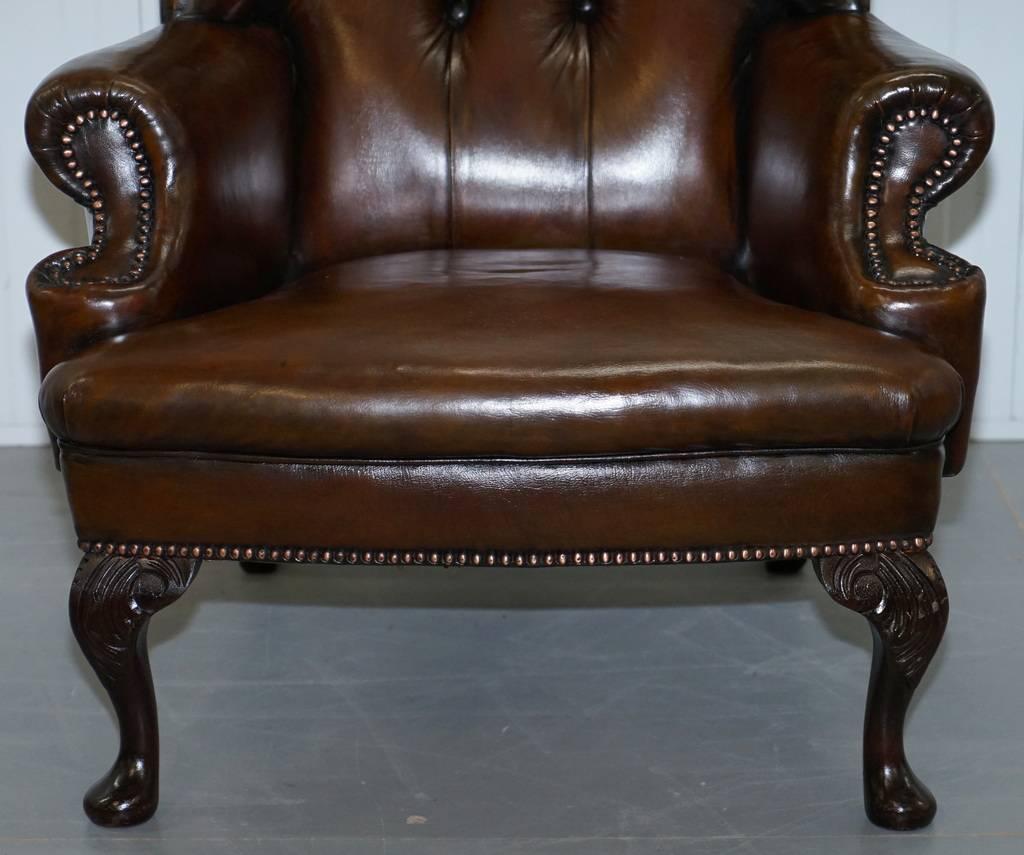 Restored Deep Brown Leather Chesterfield Suite Pair of Wingback Armchairs & Sofa 4