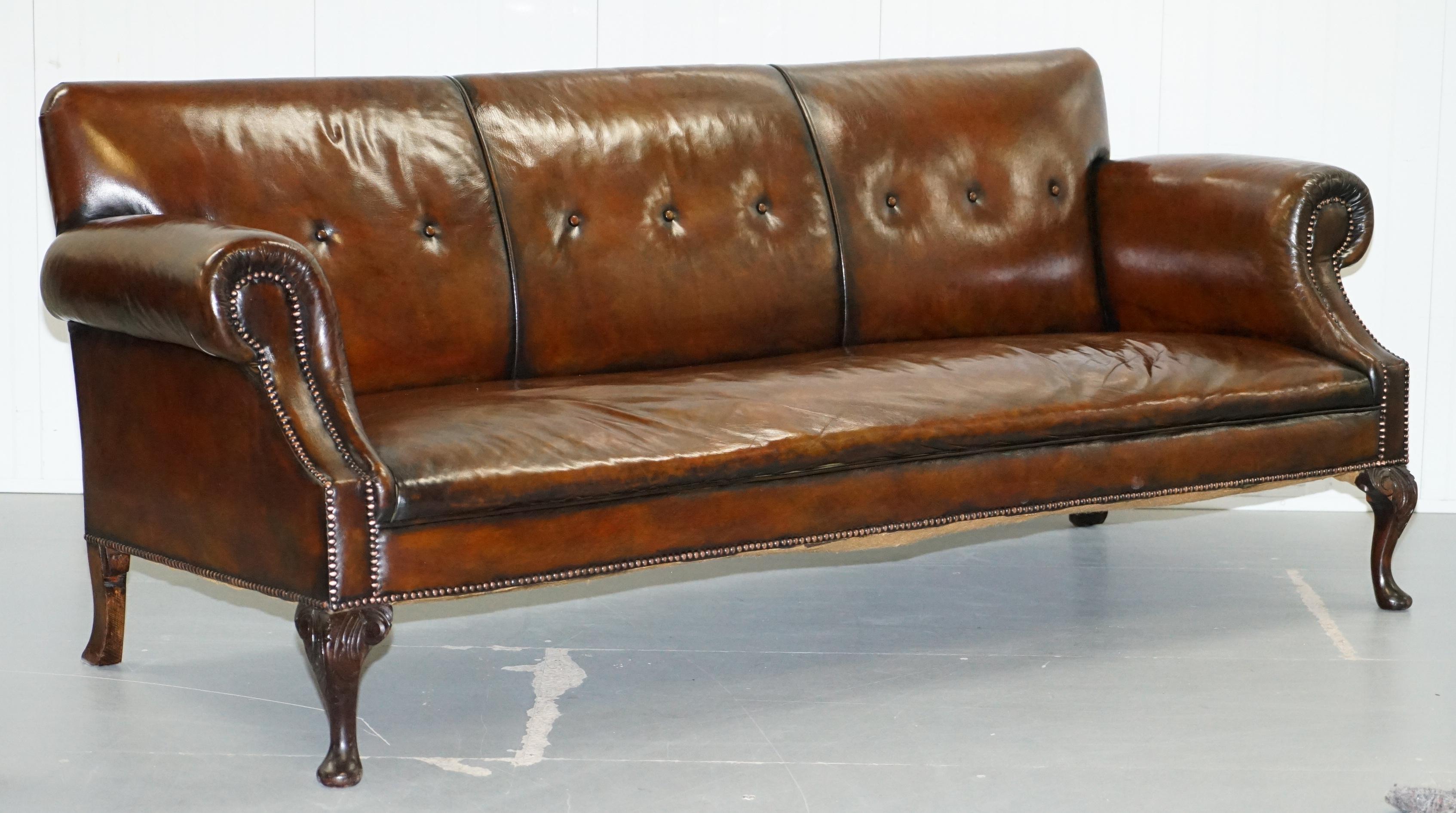 Restored Deep Brown Leather Chesterfield Suite Pair of Wingback Armchairs & Sofa 5