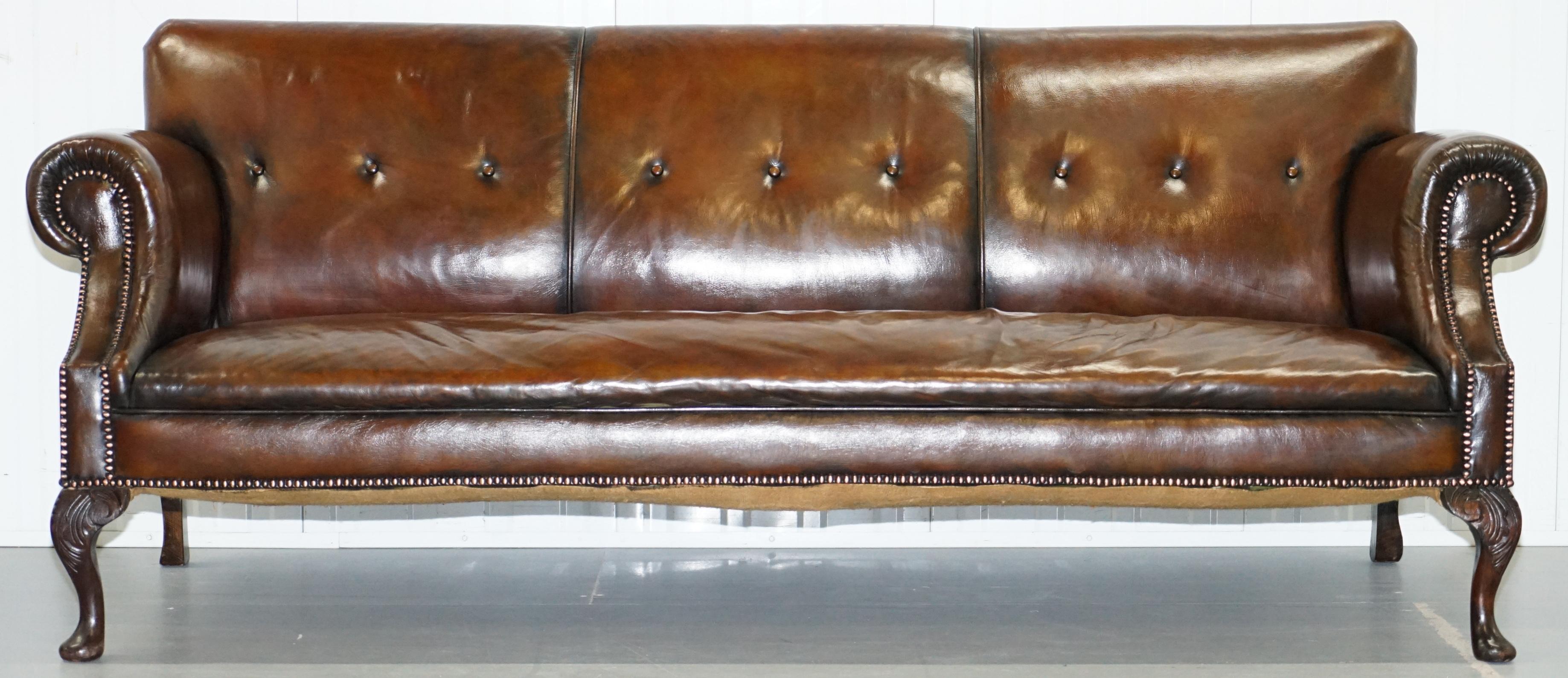 Restored Deep Brown Leather Chesterfield Suite Pair of Wingback Armchairs & Sofa 6