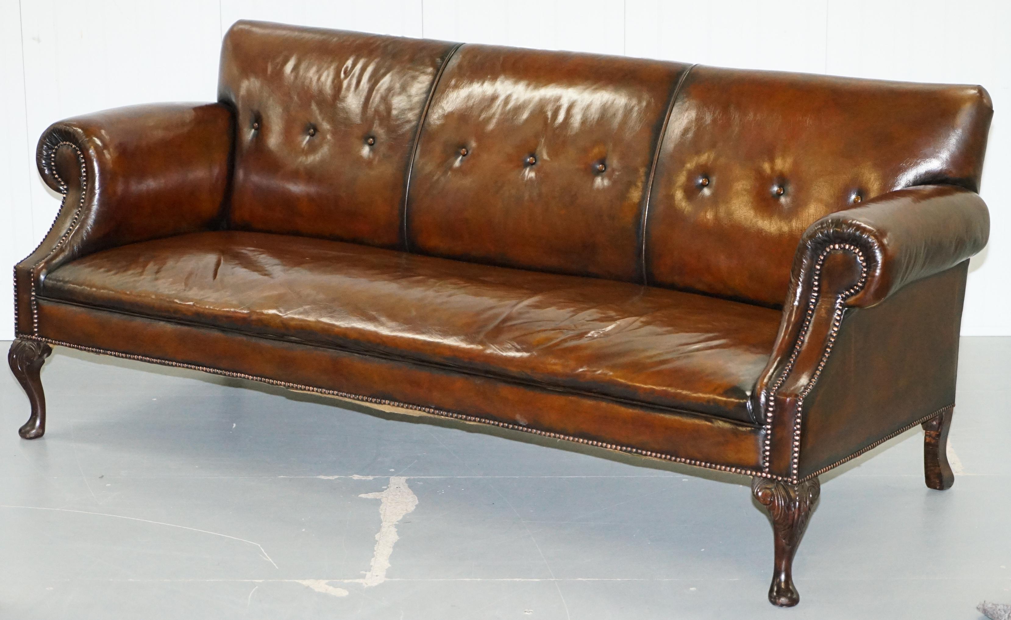 Restored Deep Brown Leather Chesterfield Suite Pair of Wingback Armchairs & Sofa 7
