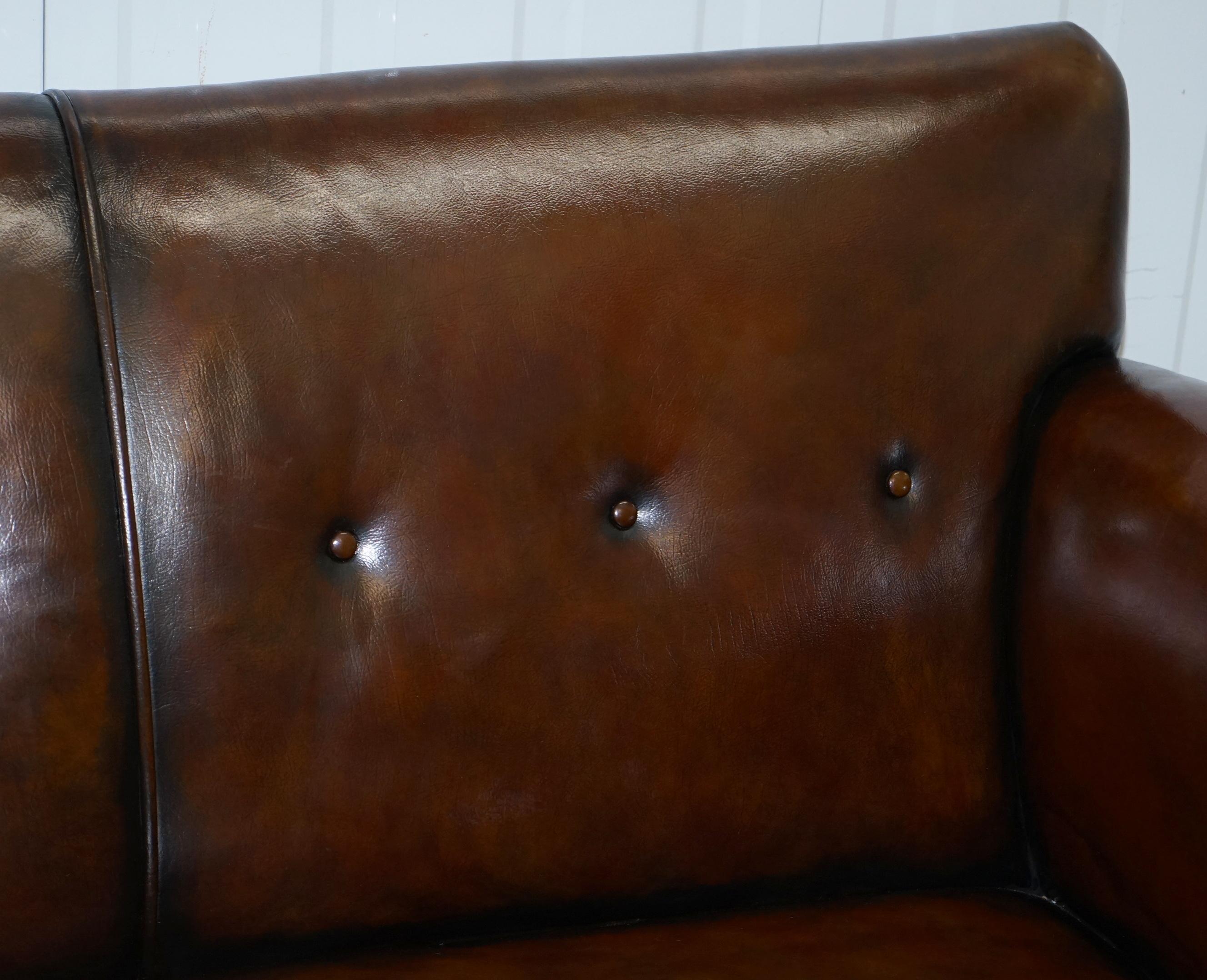 Restored Deep Brown Leather Chesterfield Suite Pair of Wingback Armchairs & Sofa 9