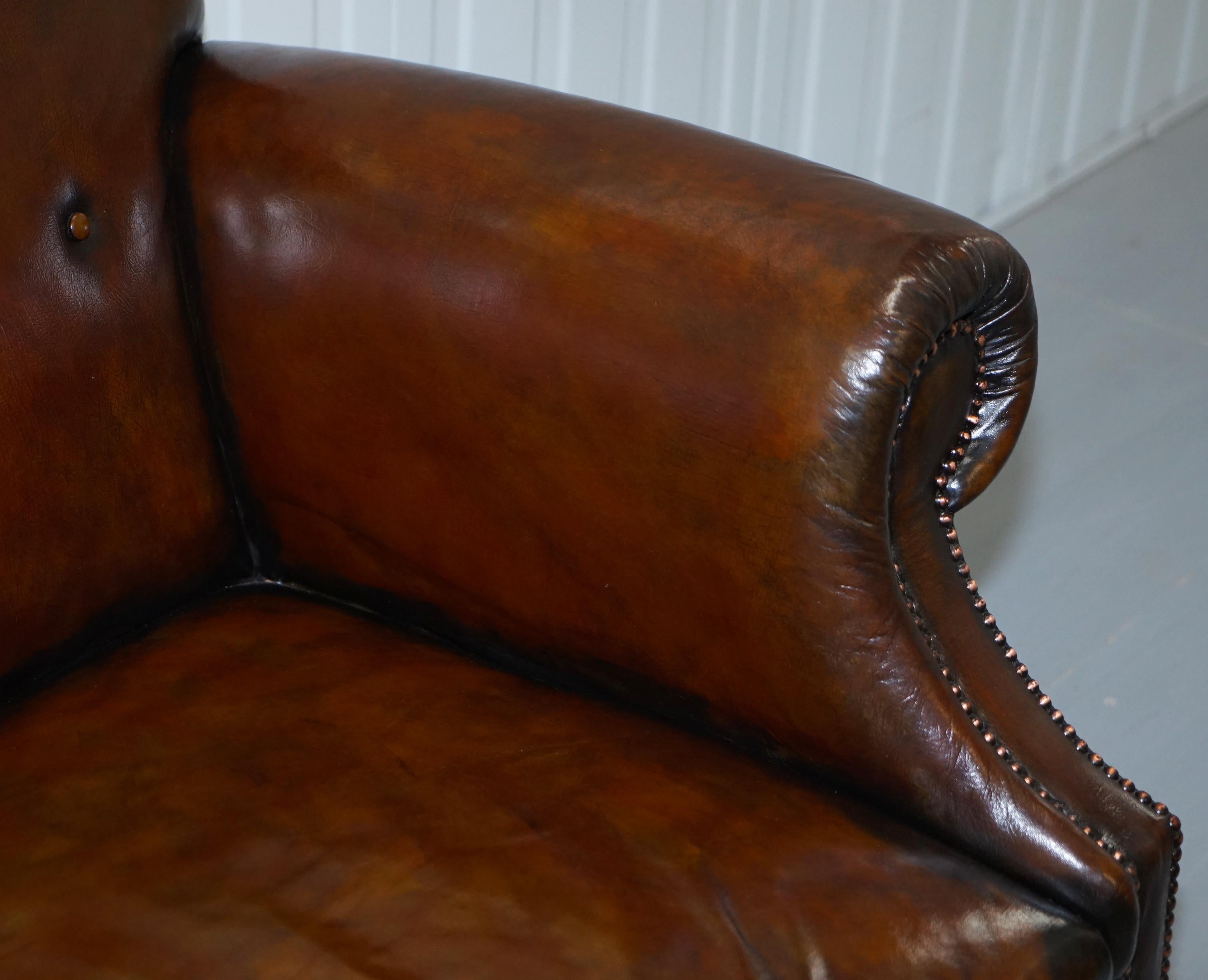 Restored Deep Brown Leather Chesterfield Suite Pair of Wingback Armchairs & Sofa 10