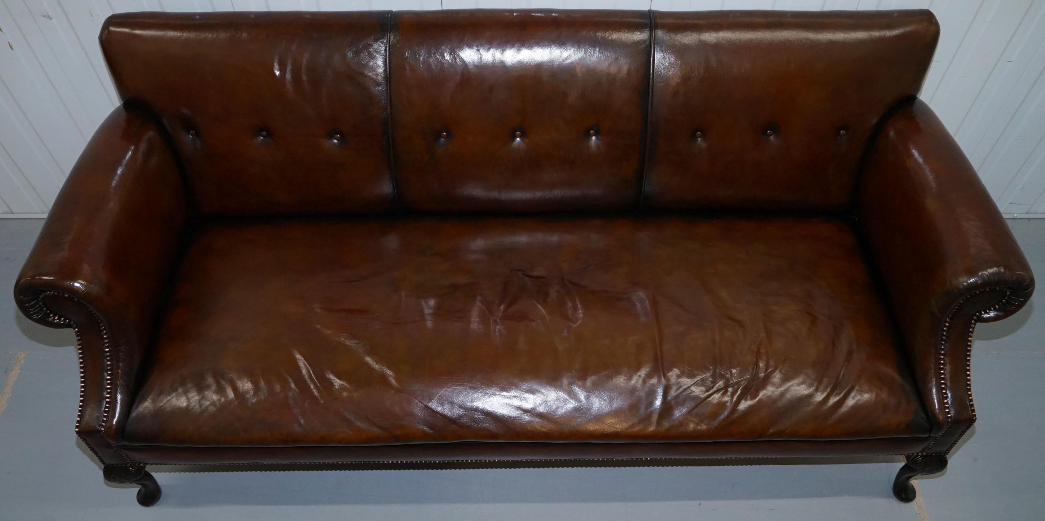 Restored Deep Brown Leather Chesterfield Suite Pair of Wingback Armchairs & Sofa 13