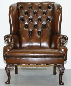 Restored Deep Brown Leather Chesterfield Suite Pair of Wingback Armchairs & Sofa