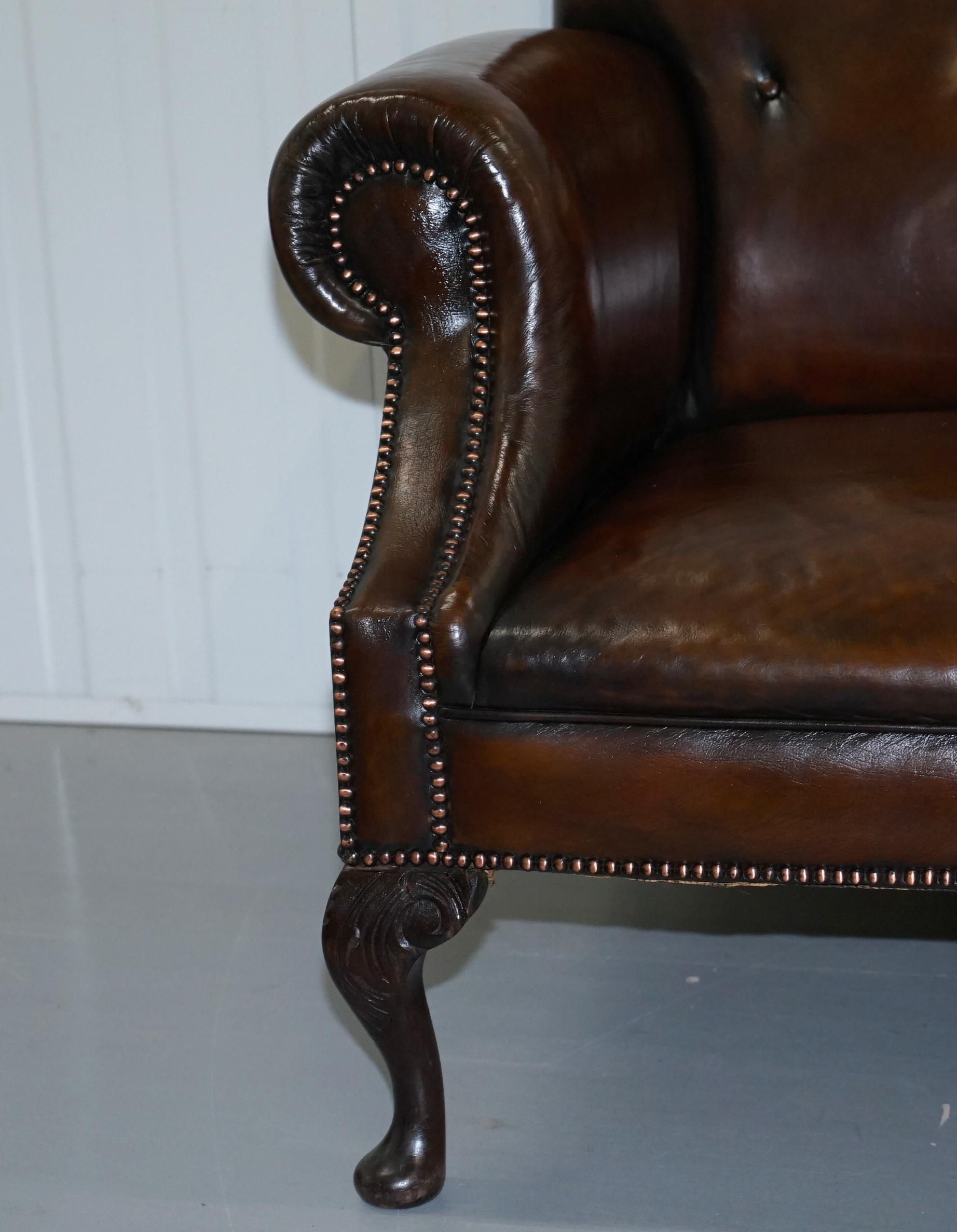 Restored Deep Brown Leather Chesterfield Suite Pair of Wingback Armchairs & Sofa 14