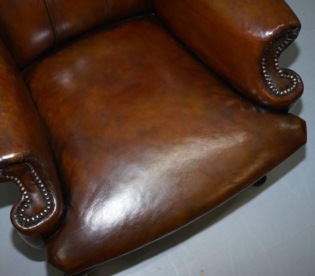 British Restored Deep Brown Leather Chesterfield Suite Pair of Wingback Armchairs & Sofa