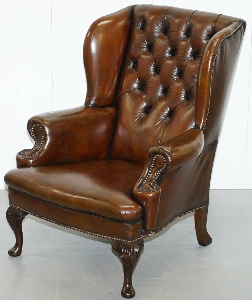 Restored Deep Brown Leather Chesterfield Suite Pair of Wingback Armchairs & Sofa 3